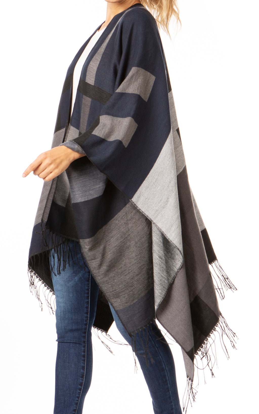 Sakkas Avi Women's Reversible Open Front Poncho Cardigan Ruana Cape Shawl W/Fringe