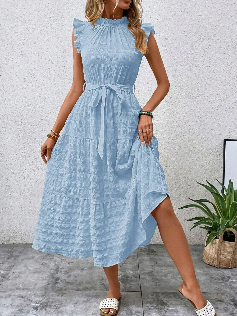 Tied Ruffled Cap Sleeve Midi Dress – Feminine Flowy Style