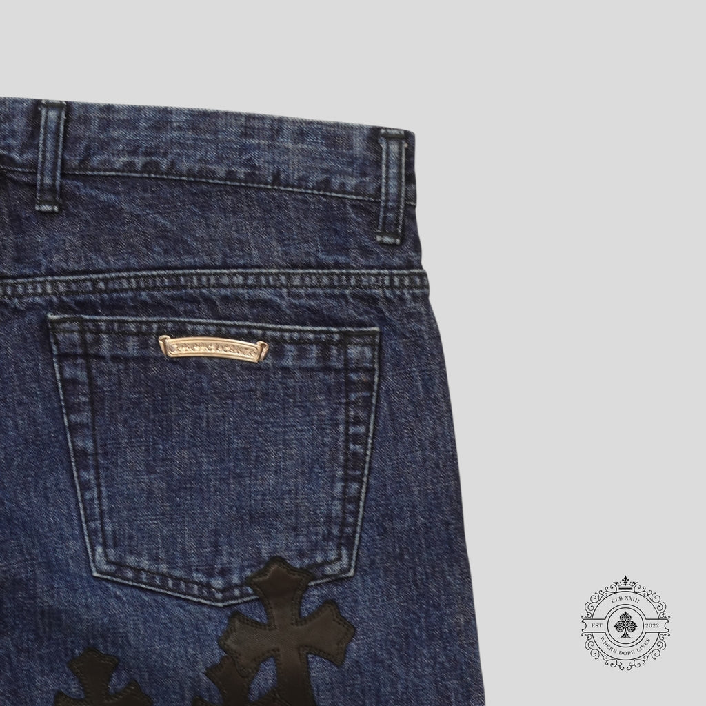 Chrome Hearts Fleur Knee Cross Patch Jeans in Dark Wash/Black