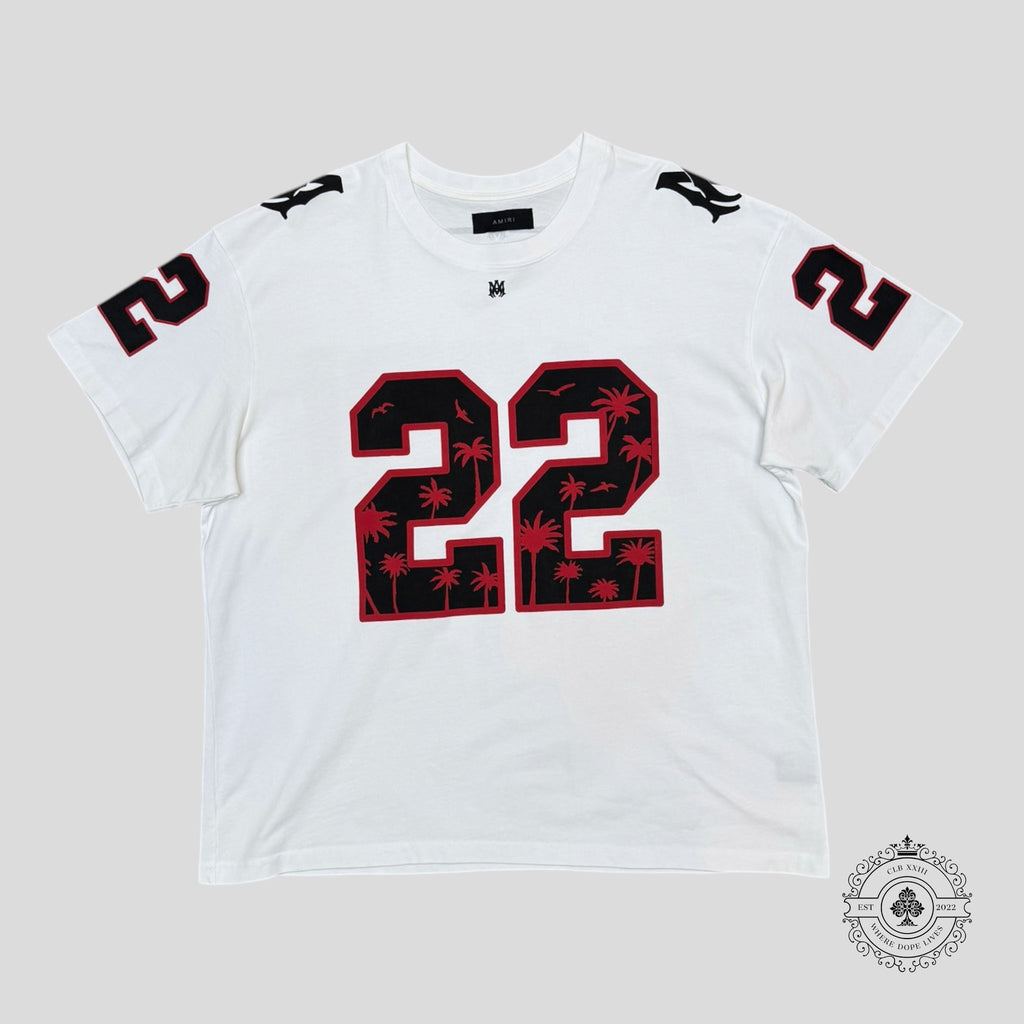 Amiri Palm Tree 22 Oversized Football T-Shirt in White/Black/Red
