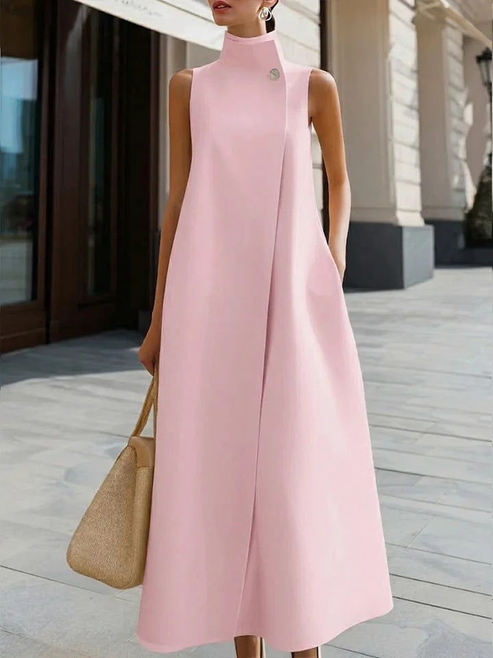 Elegant Sleeveless Long Dress – Stand Collar Office & Casual Dress