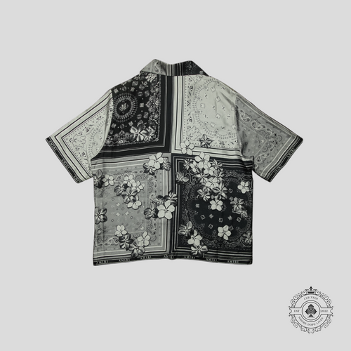 Amiri Bandana Floral Silk Button Up Bowling Shirt in Black/White