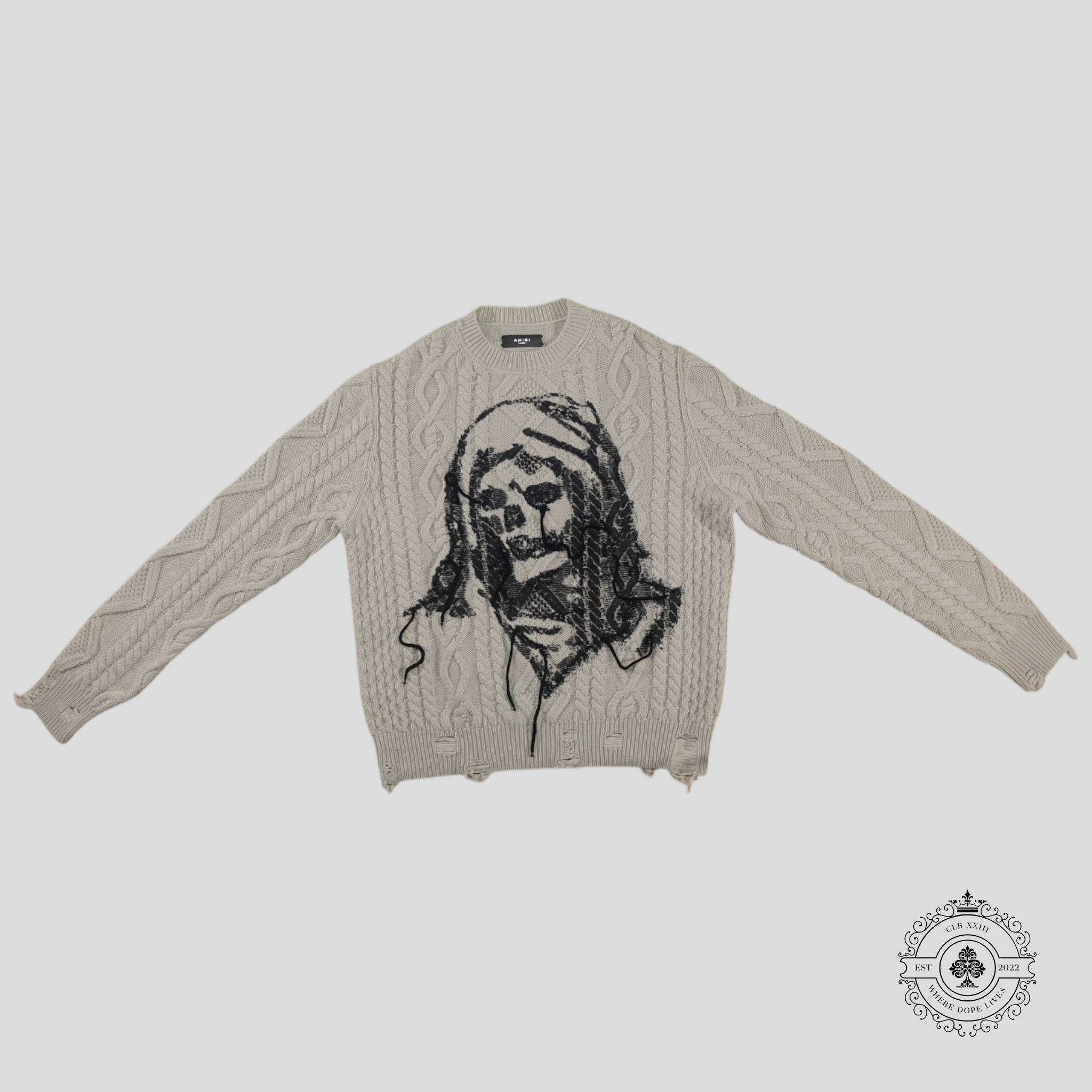 Amiri Wes Lang Solar Kings Reaper Cable Knit Sweater in Alabaster White
