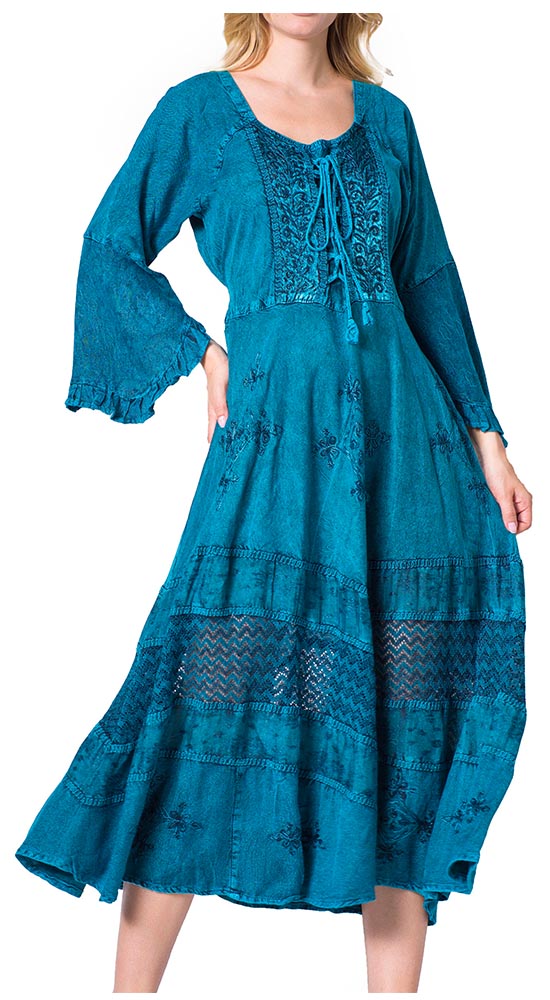 Sakkas Mirabel Stonewashed Corset Style Floral Emboridery Kimono Sleeve Dress