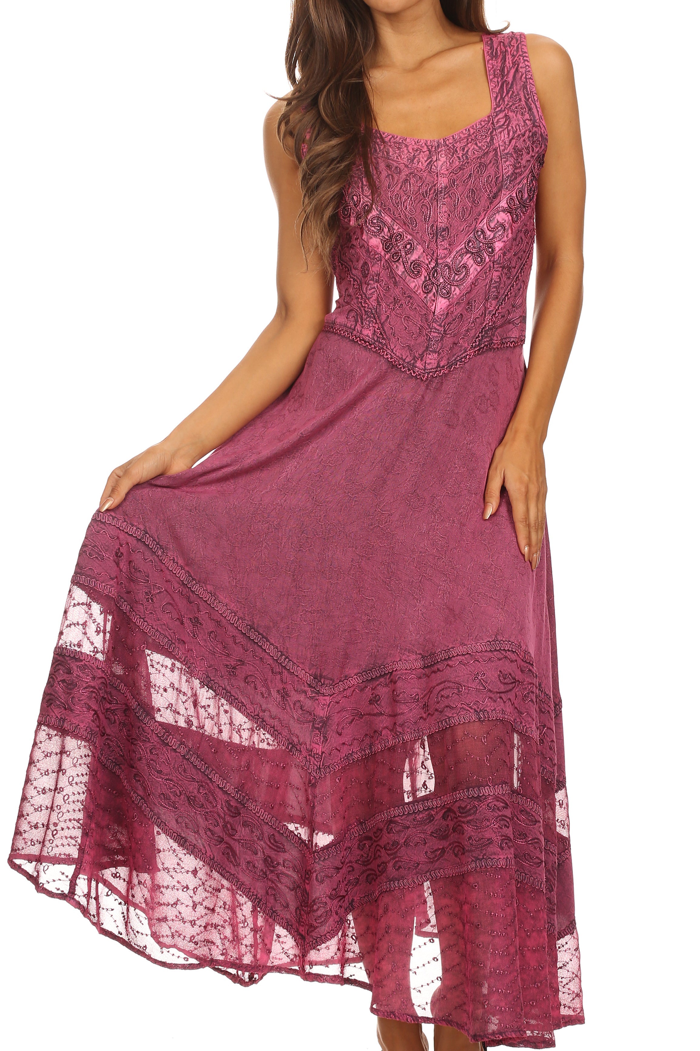 Sakkas Zendaya Stonewashed Rayon Embroidered Floral Vine Sleeveless V-neck Dress