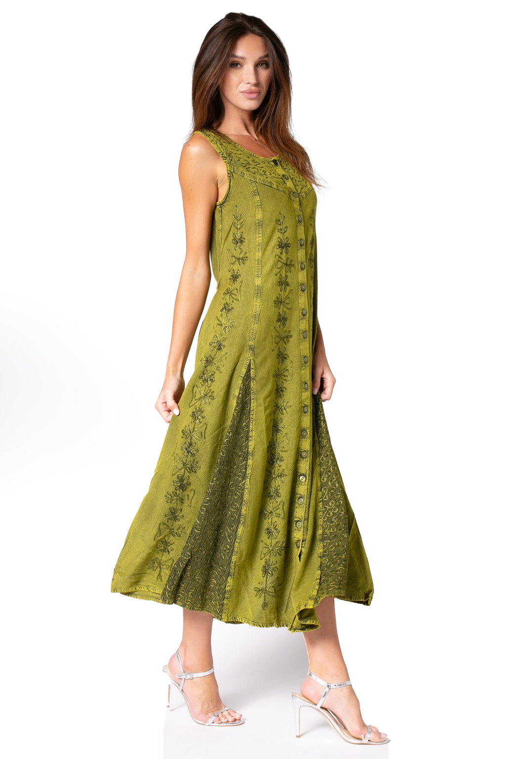 Sakkas Beverlee Embroidered Button Down Sleeveless Caftan Dress