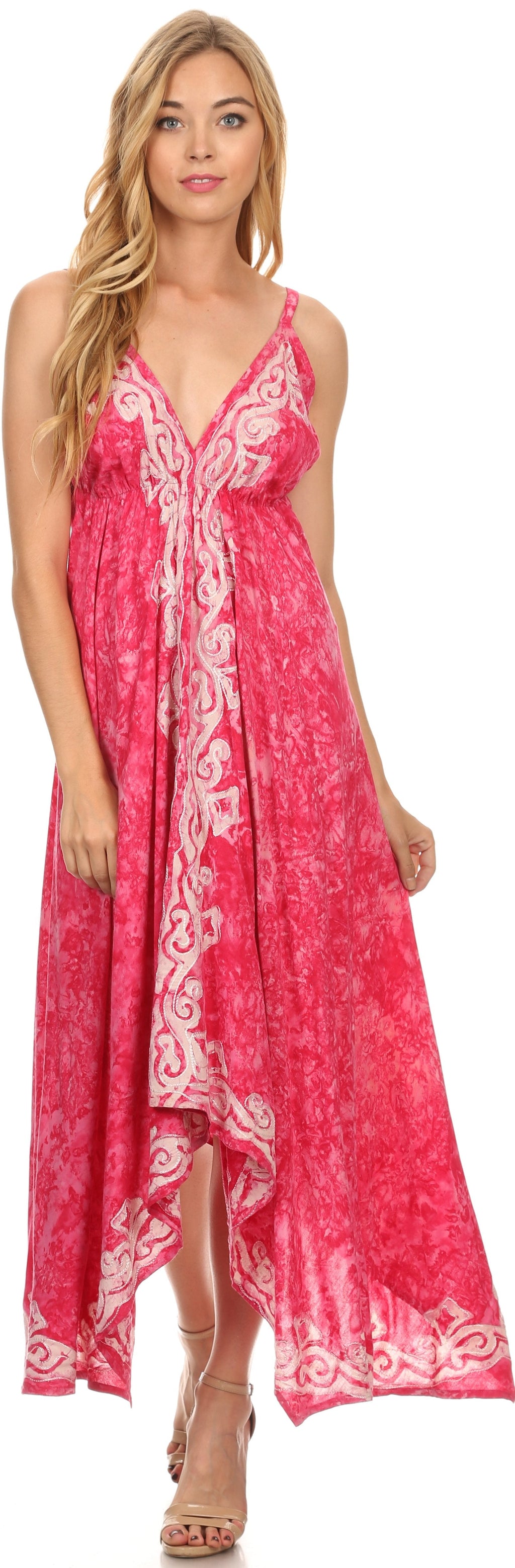 Sakkas Neyva Long Handkerchief Hem Embroidered Dyed Spaghetti Strap Batik Dress