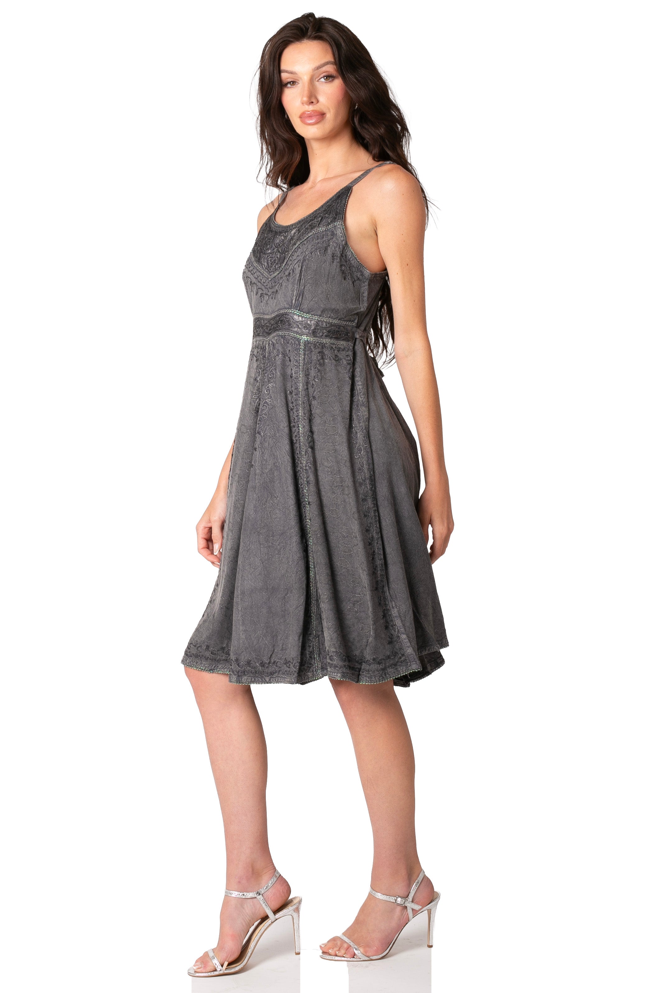 Sakkas Markay Short Mid Length Spaghetti Strap Sleeveless Embroidered Batik Dress