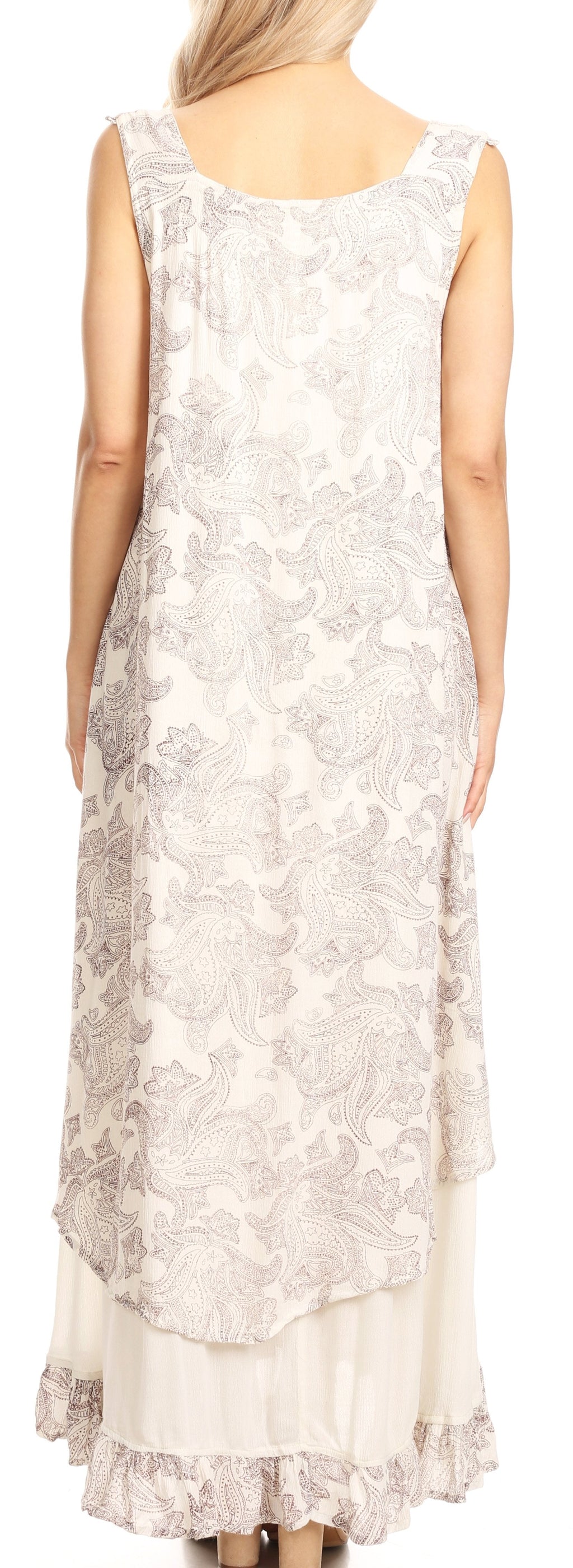 Sakkas Paak Tall Long Batik Paisely Print Ruffle Hem Lined Caftan Tank Top Dress