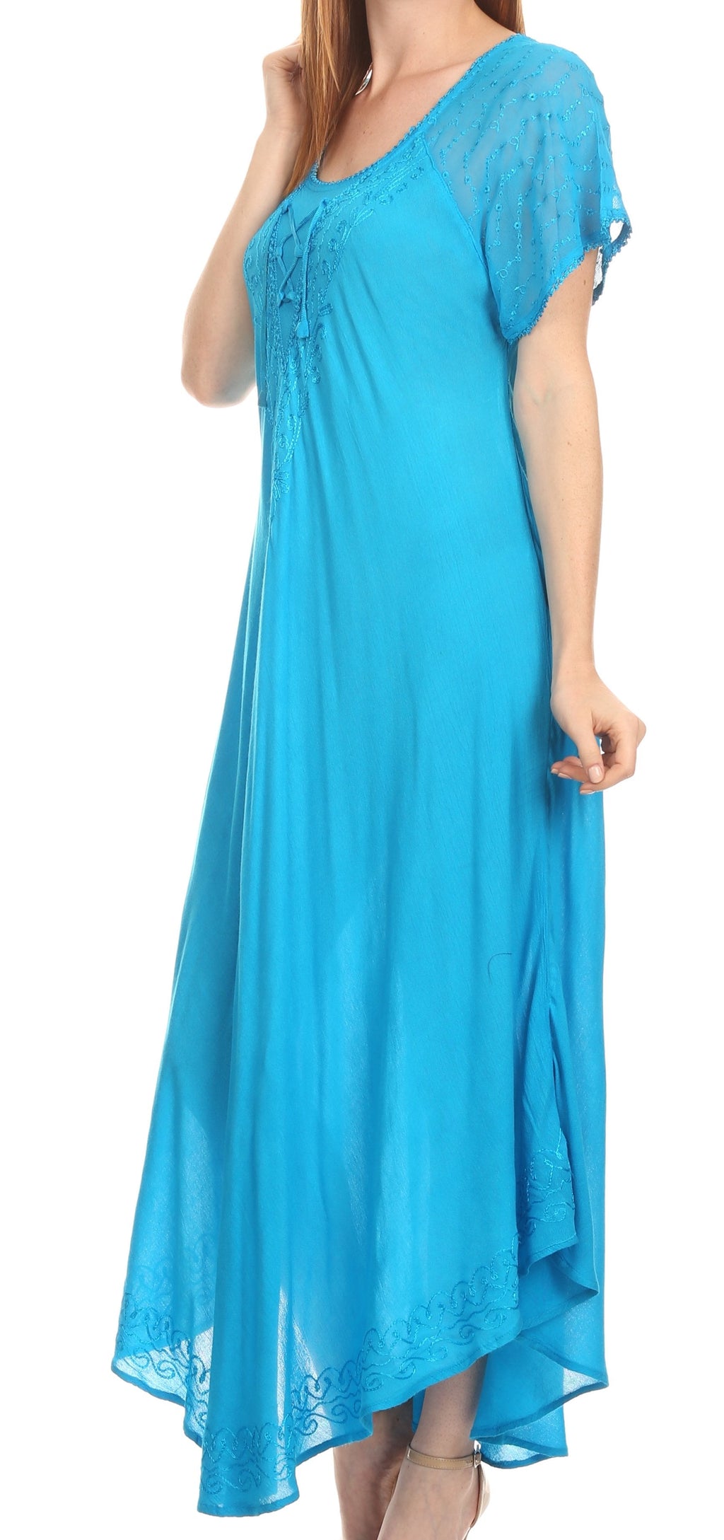 Sakkas Shasta Lace Embroidered Cap Sleeves Long Caftan Dress / Cover Up