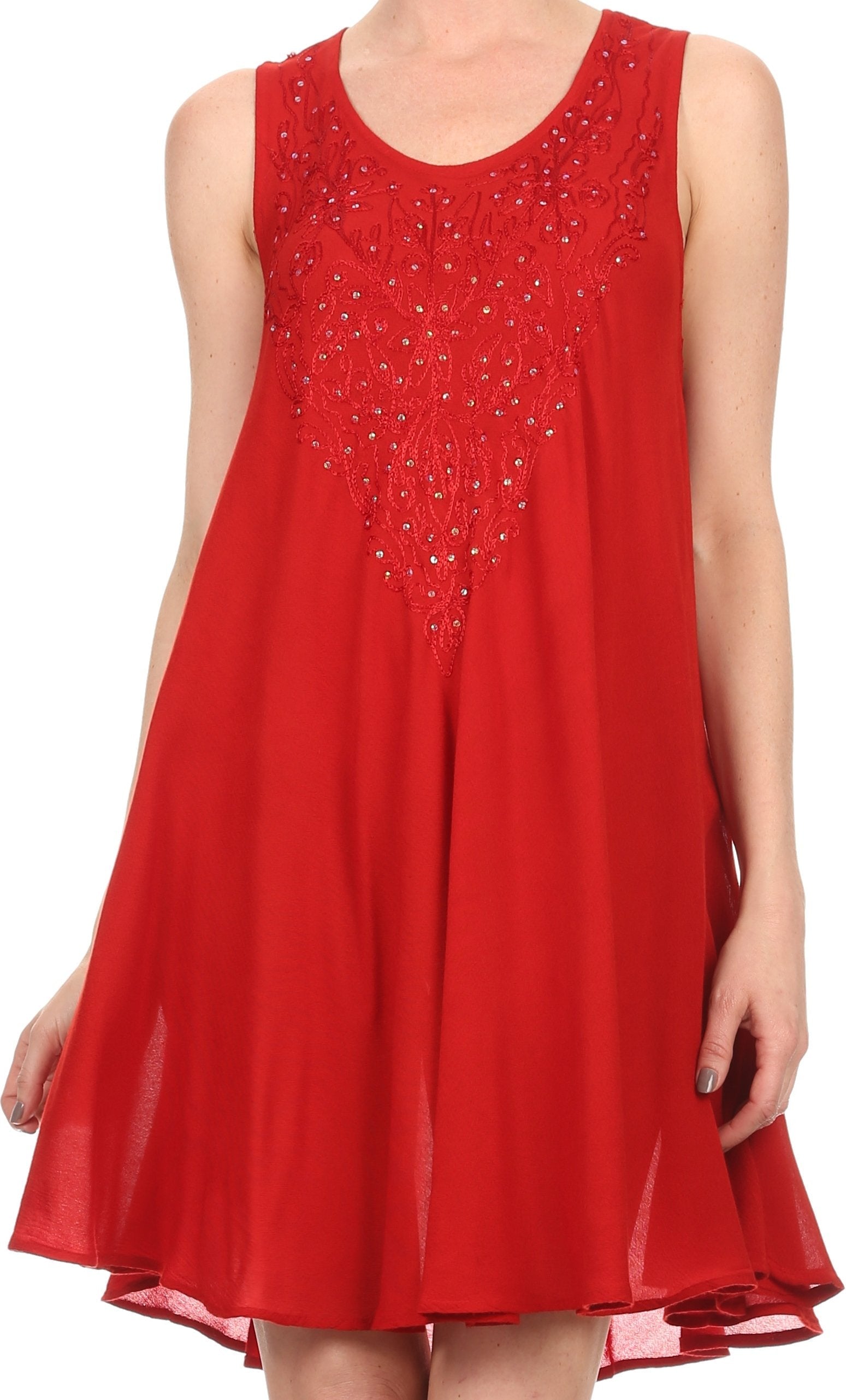 Sakkas Alechia Mid Length Tank Top Sleeveless Embroidered Caftan Dress / Cover Up