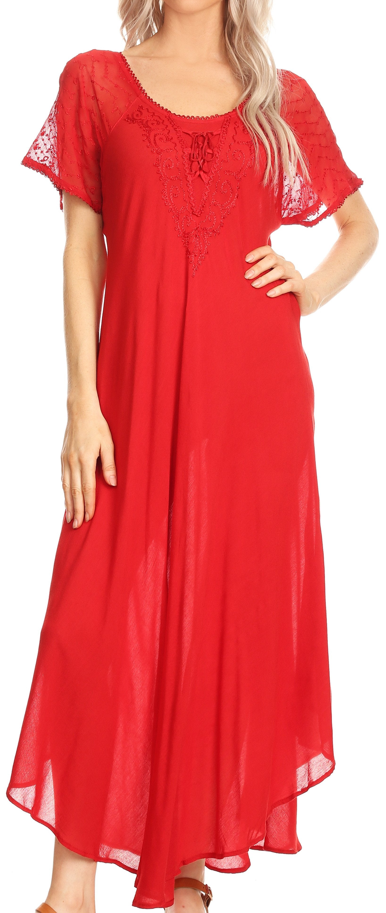Sakkas Hayden Embroidered Lace-Up Caftan Dress / Cover Up with Eyelet Sleeves