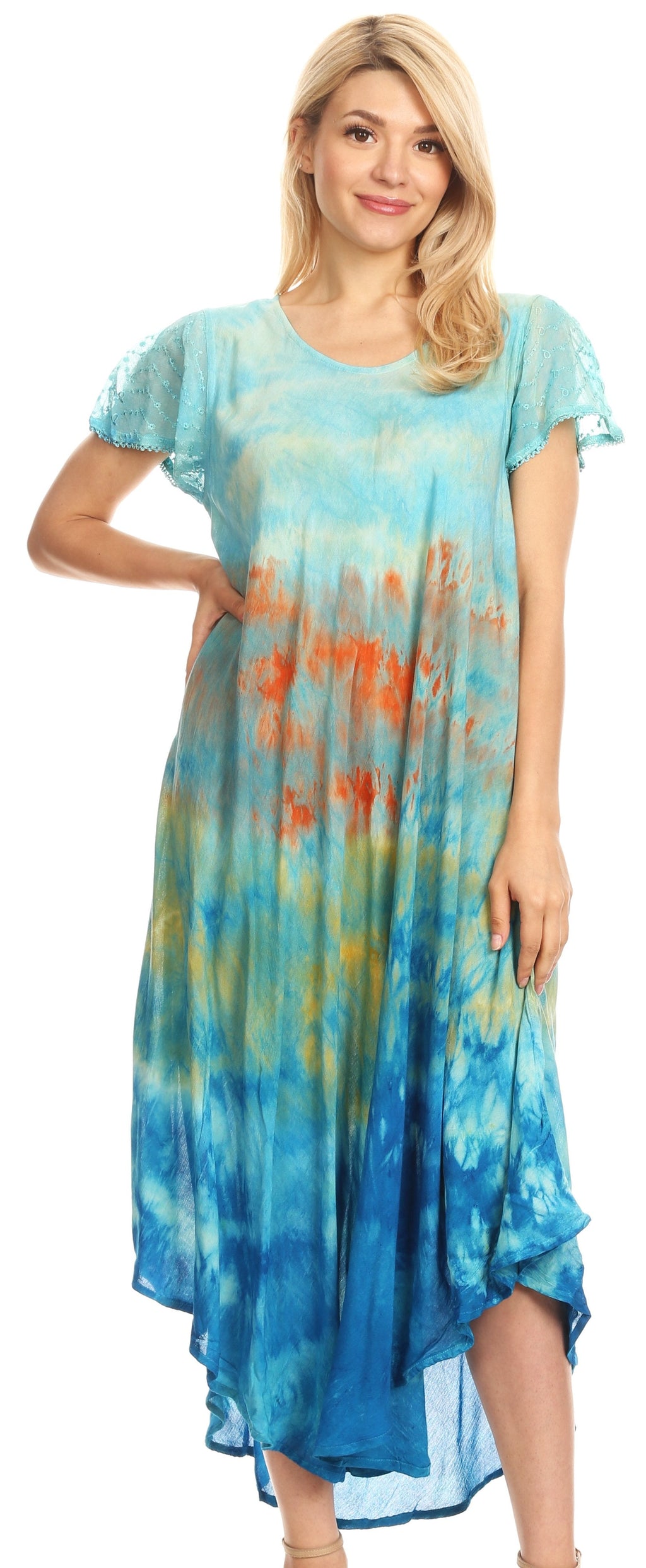 Sakkas Kaylaye Long Tie Dye Ombre Embroidered Cap Sleeve Caftan Dress / Cover Up