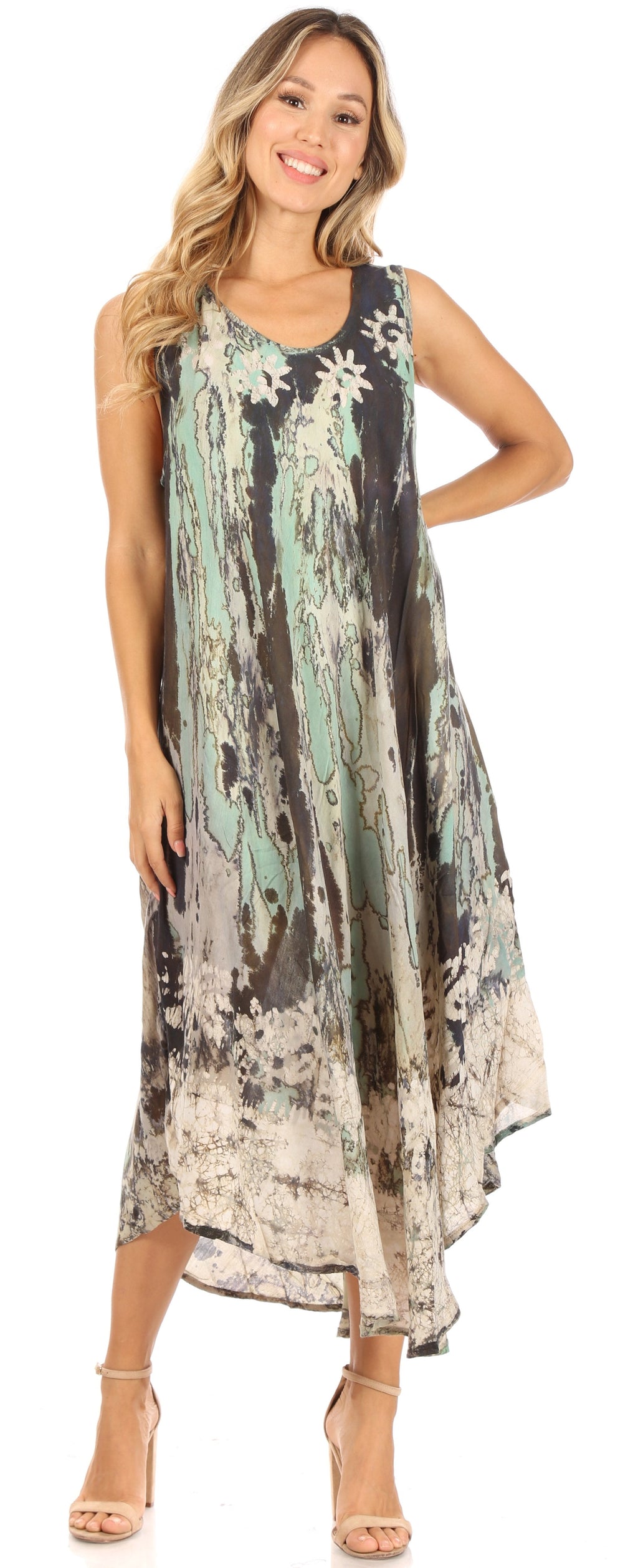 Sakkas Julia Boho Flared Multi-color Marble Batik Cotton Long Dress  / Cover Up