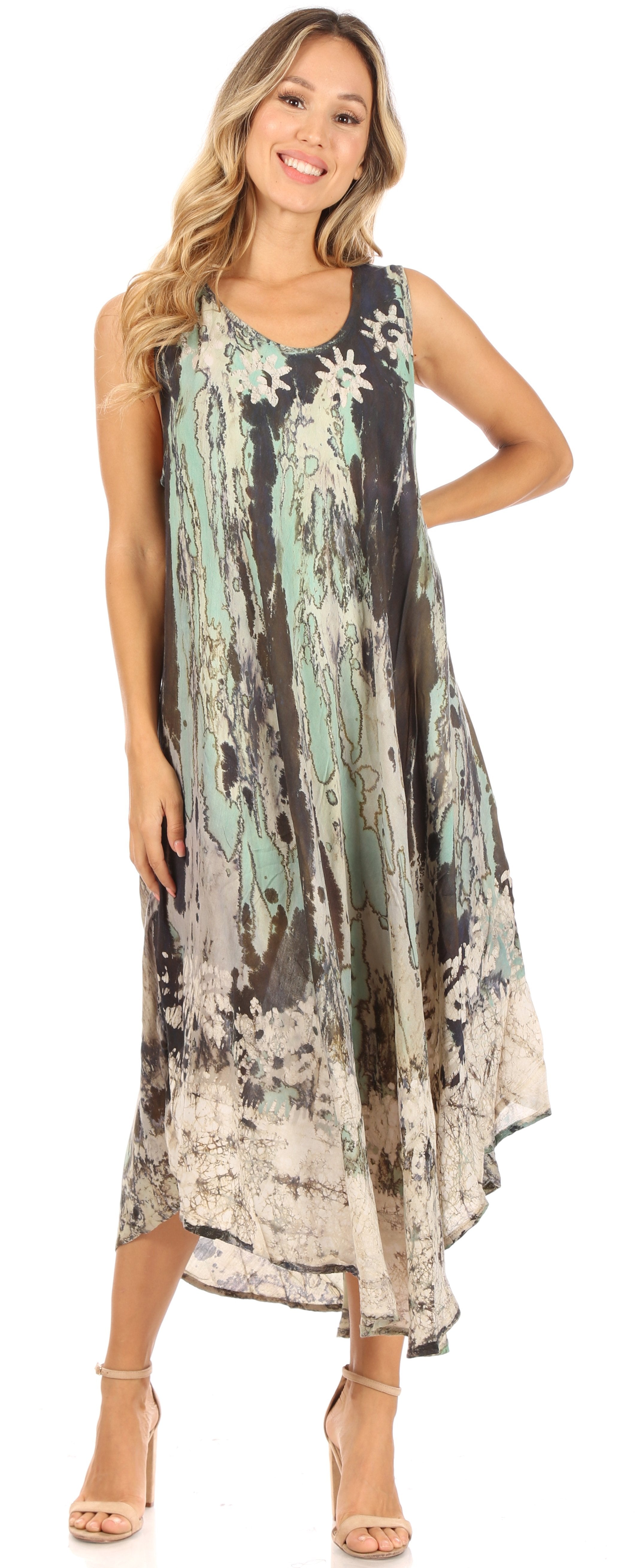 Sakkas Julia Boho Flared Multi-color Marble Batik Cotton Long Dress  / Cover Up