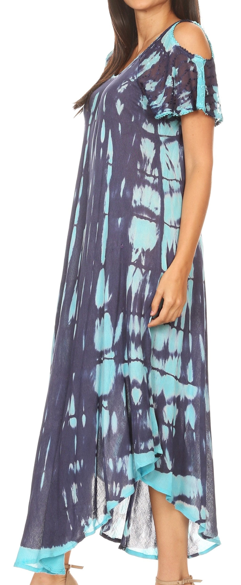 Sakkas Renata Women's Cold Shoulder Maxi Caftan Dress Sundress Flare Stonewashed