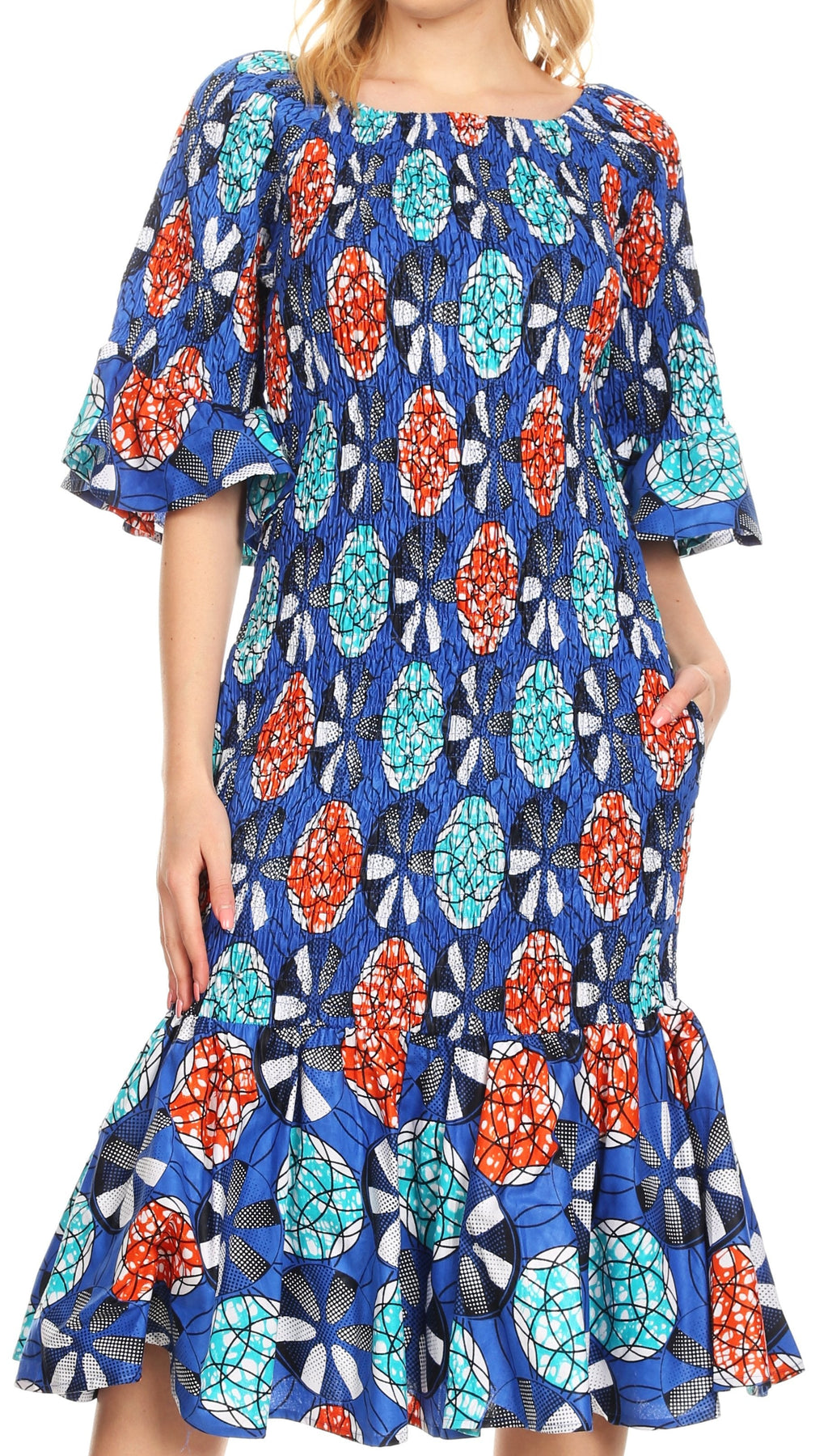 Sakkas Zarah Women's African Ankara Body-con Off shoulder Mermaid Pocket Dress