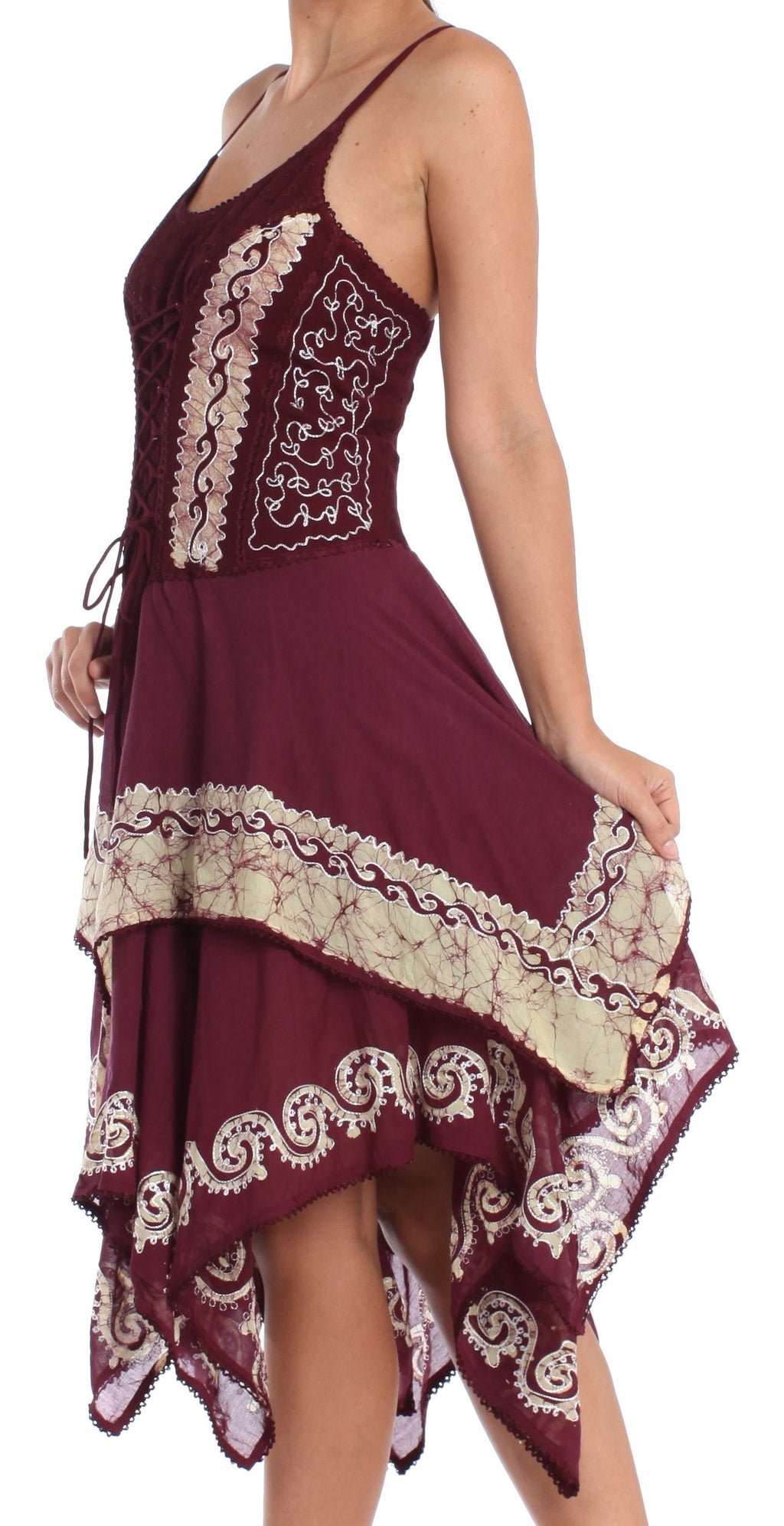 Sakkas Batik Corset Style Bodice Handkerchief Hem Dress