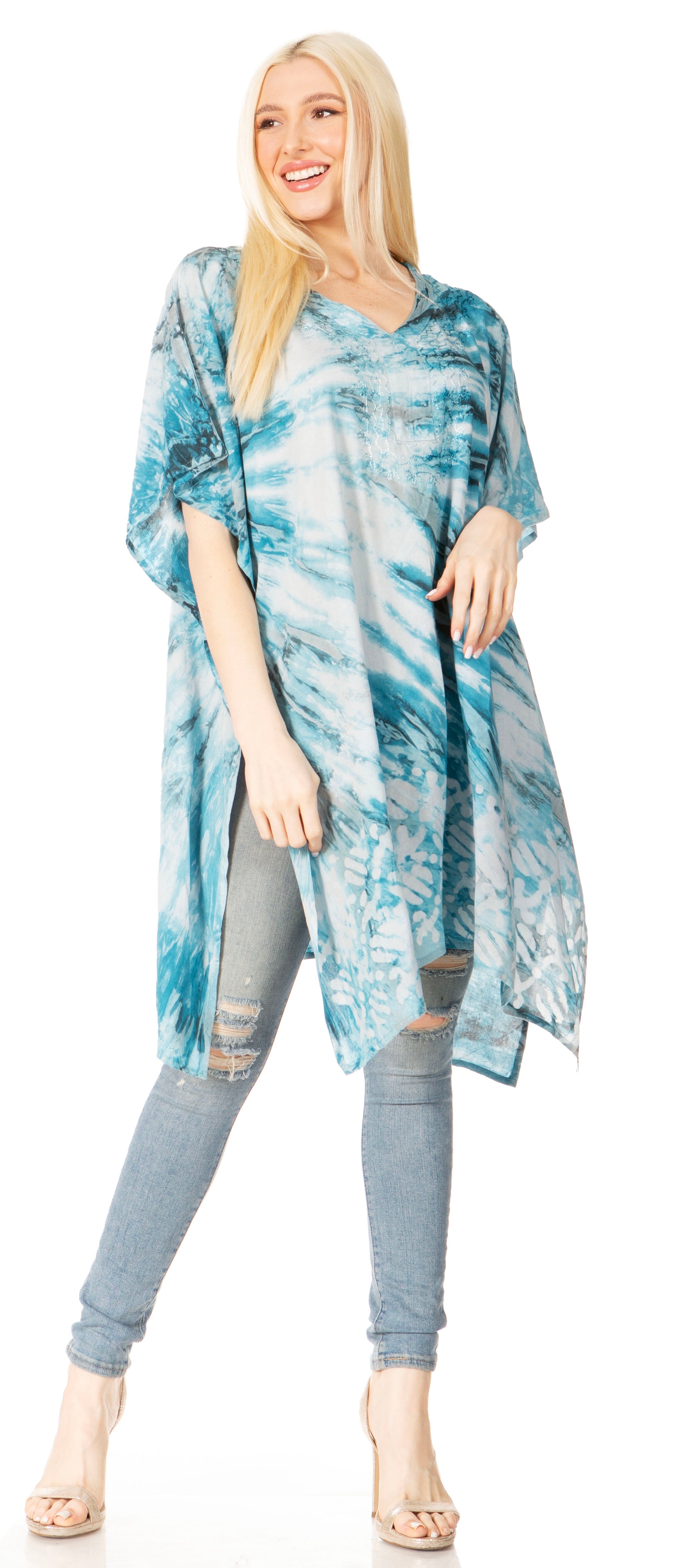 Sakkas Marcy Women's V-neck Caftan Top Tunic Dress - Perfect for Summer Boho Style & Swinging Coverup - Buy One, Get One 50% Off