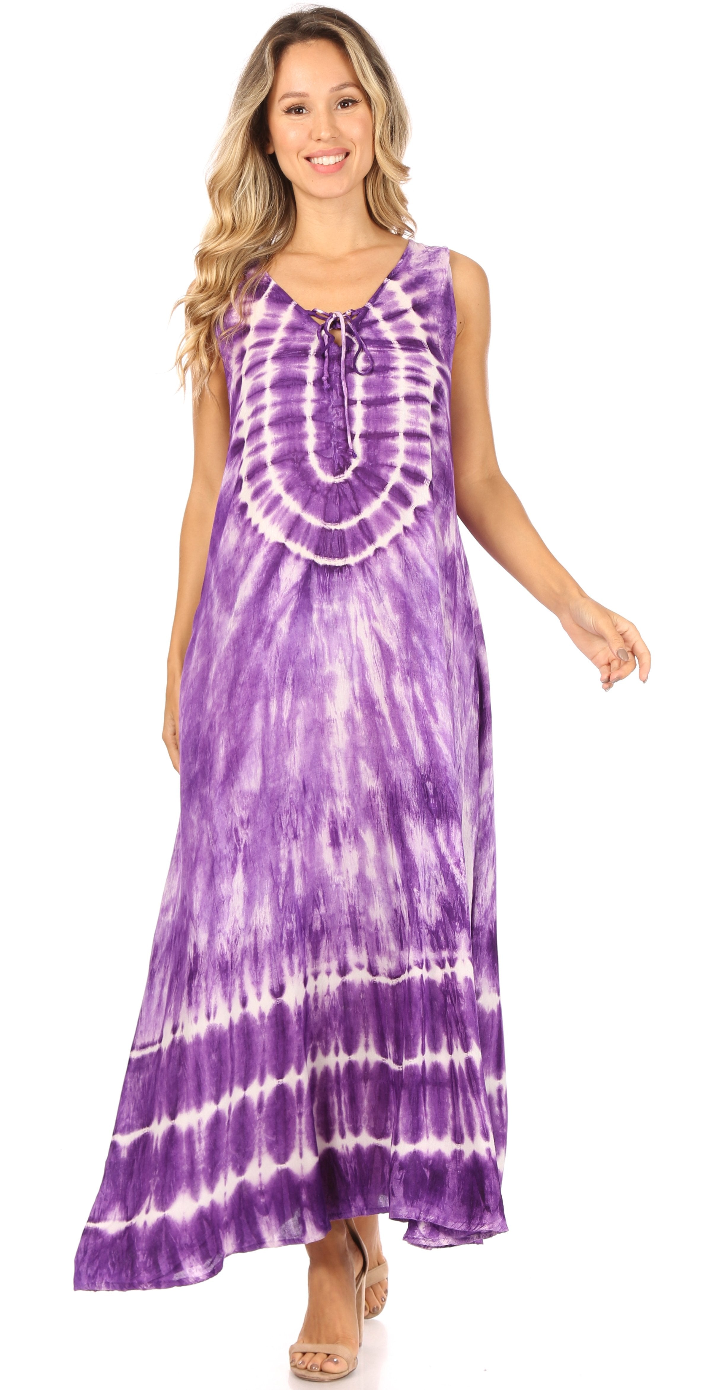 Sakkas Leonor Women's Maxi Sleeveless Tank Long Print Dress with Pockets and Ties