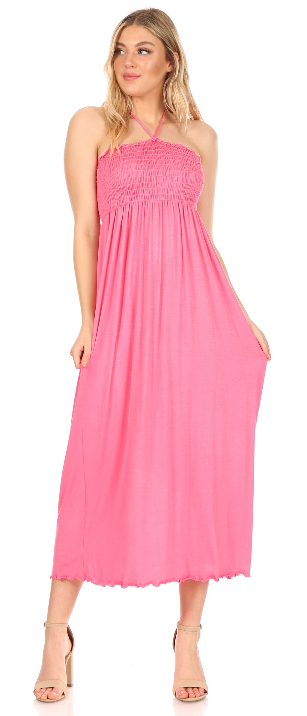 Sakkas Soft Jersey Feel Solid Color Smocked Bodice String Halter Long Dress