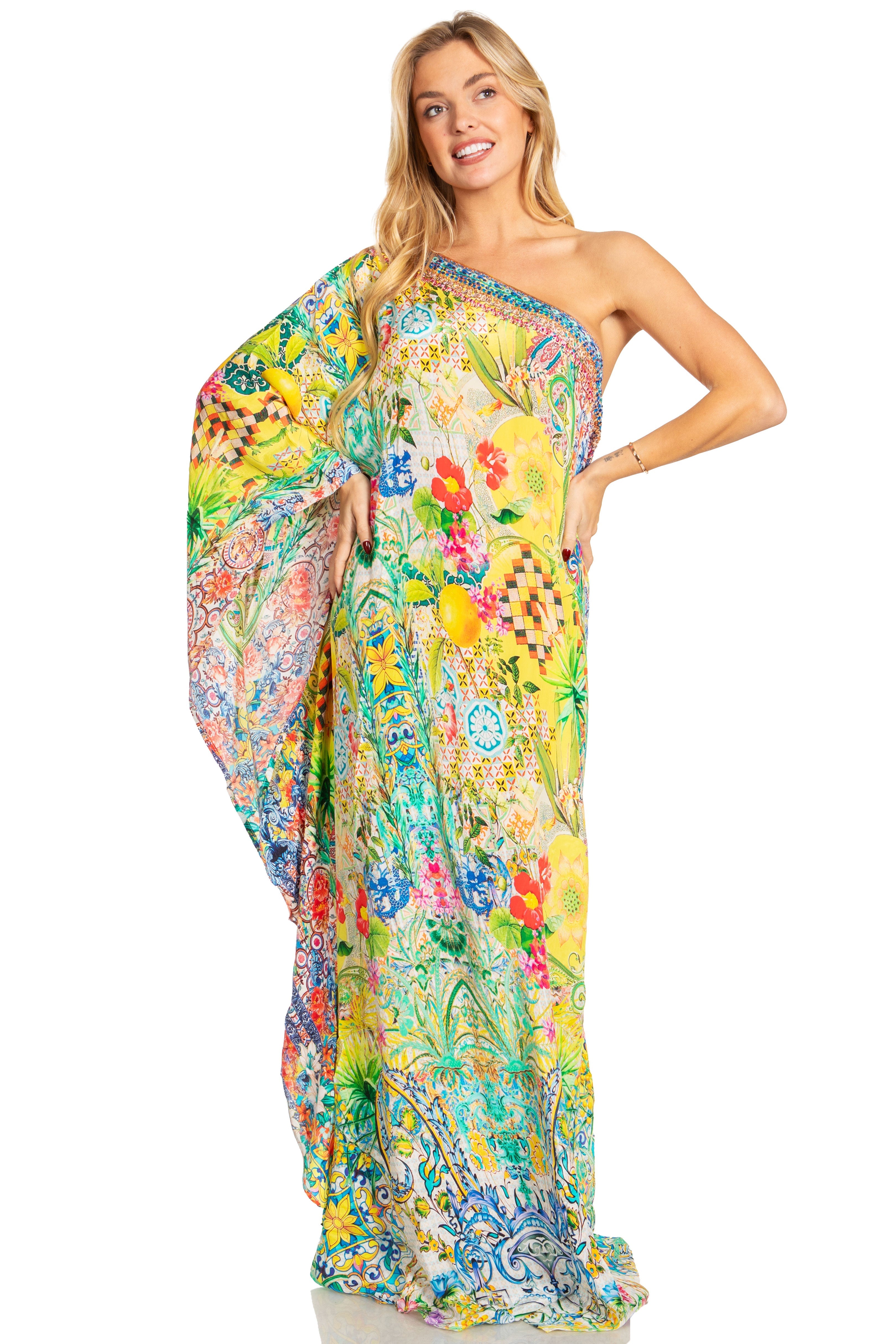 Sakkas Dora Women's One Shoulder Short Sleeve Casual Elegant Maxi Dress with Print