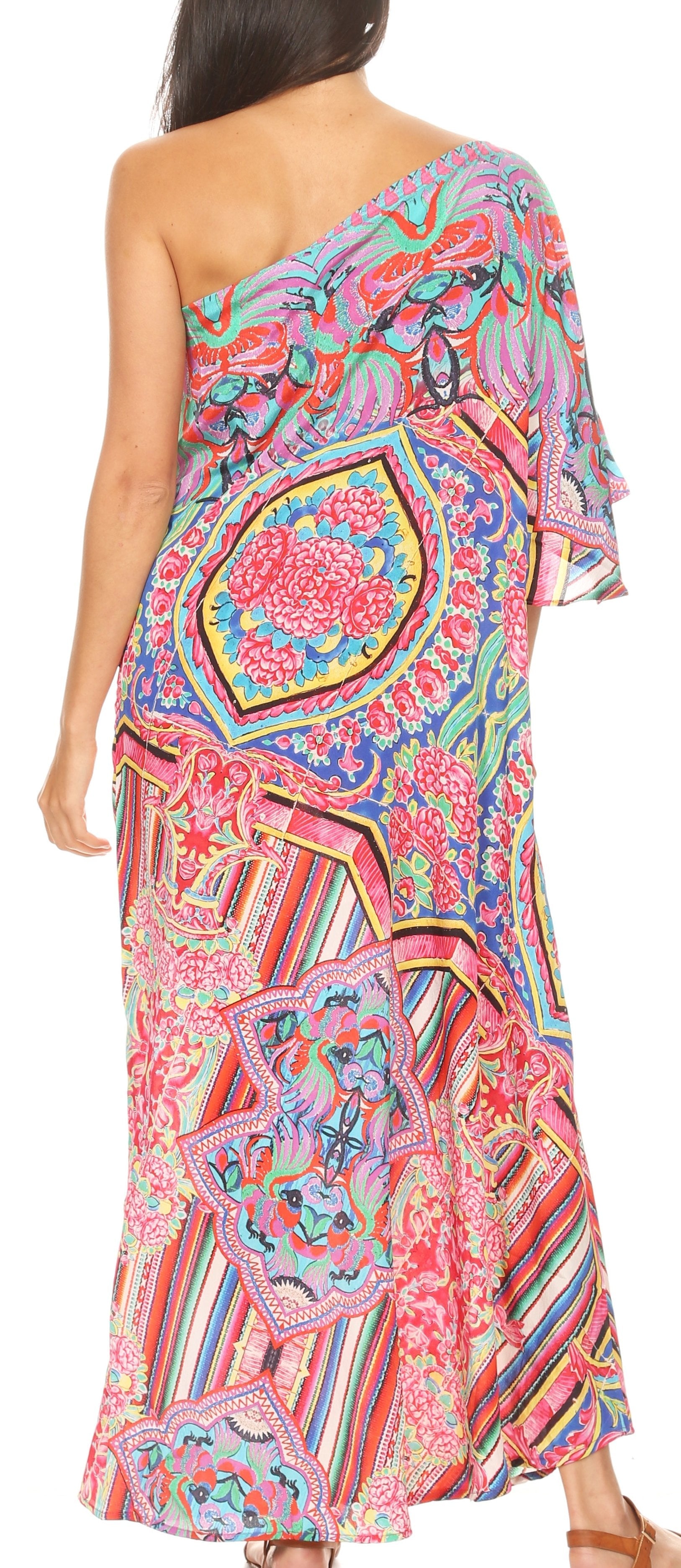 Sakkas Dora Women's One Shoulder Short Sleeve Casual Elegant Maxi Dress with Print