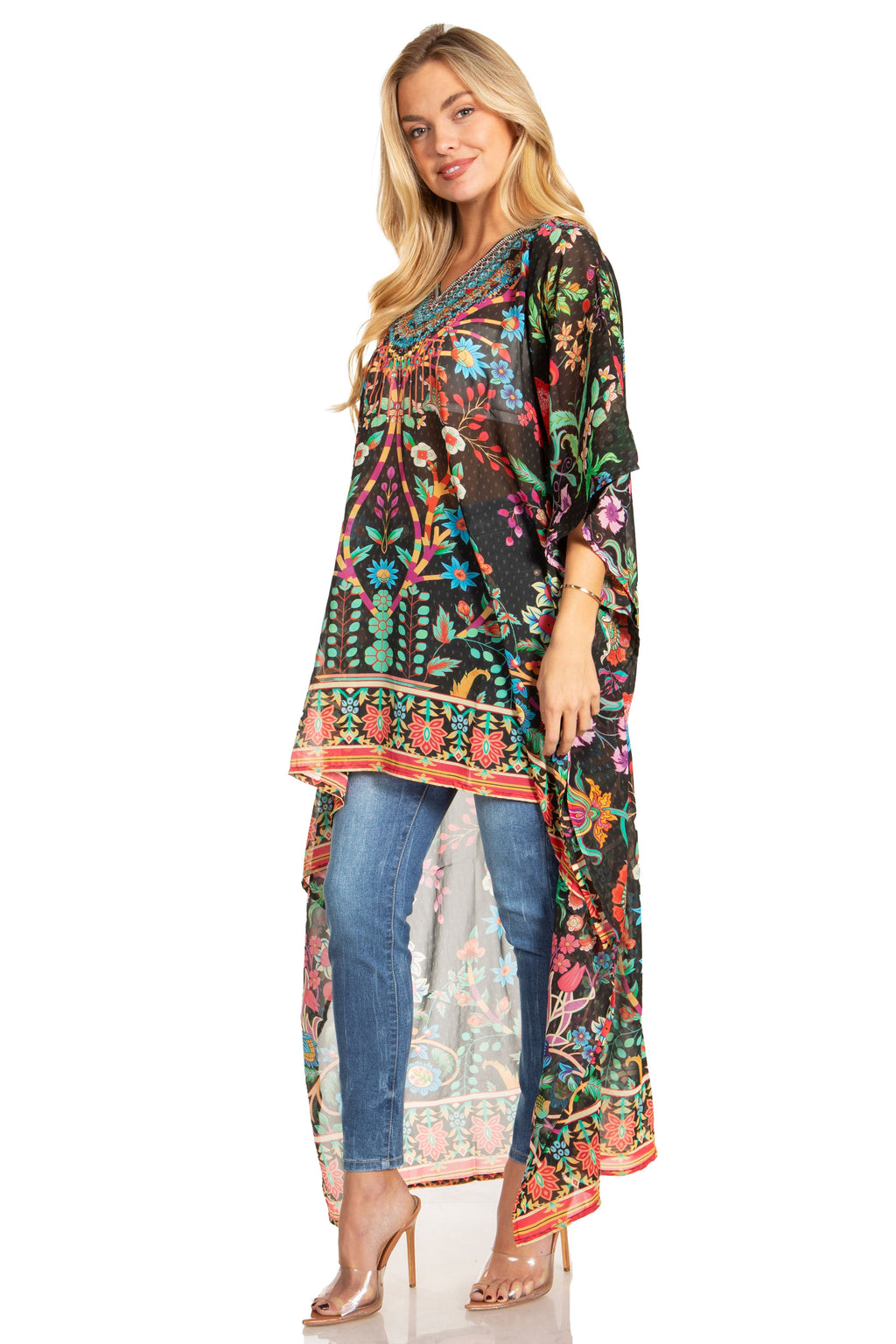 Sakkas Zeke Hi Low V-Neck Caftan Dress Printed Top Cover / Up