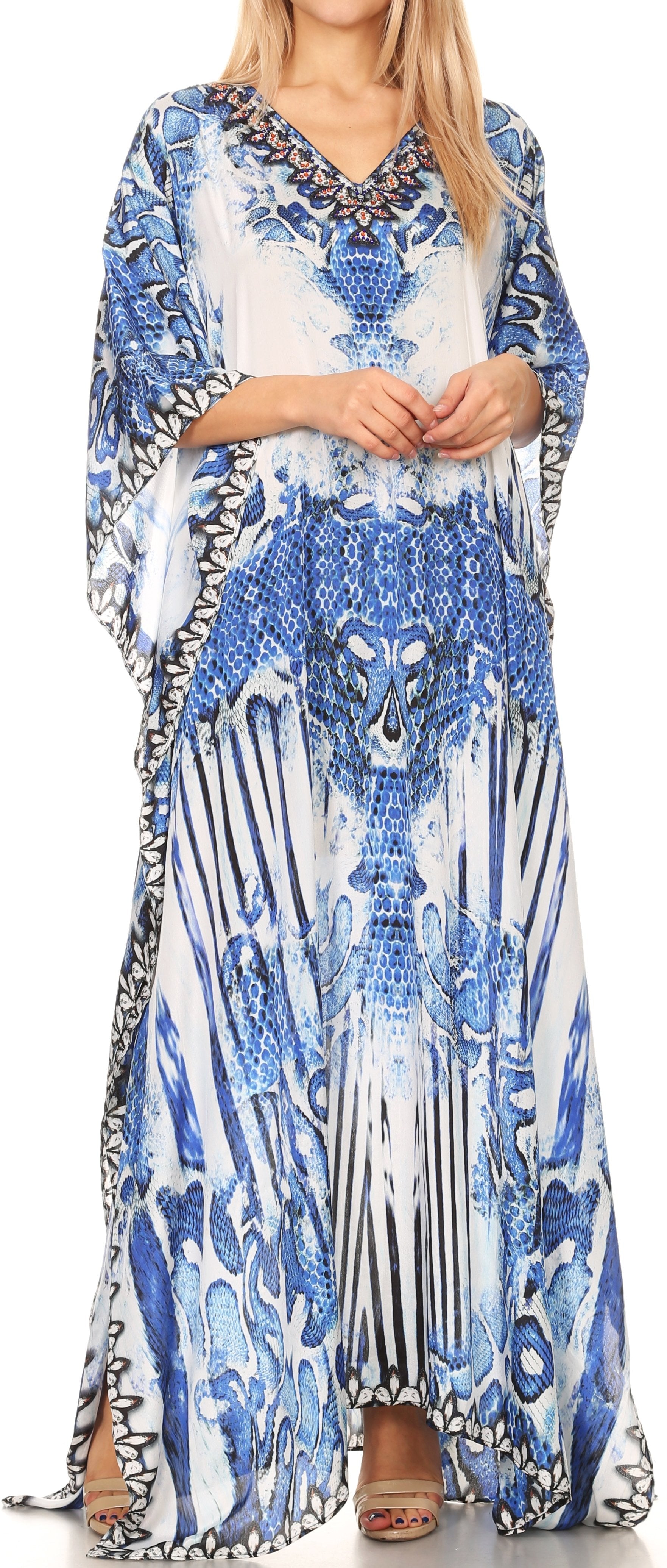 Sakkas Anahi Flowy Design V Neck Long Caftan Dress / Cover Up With Rhinestone