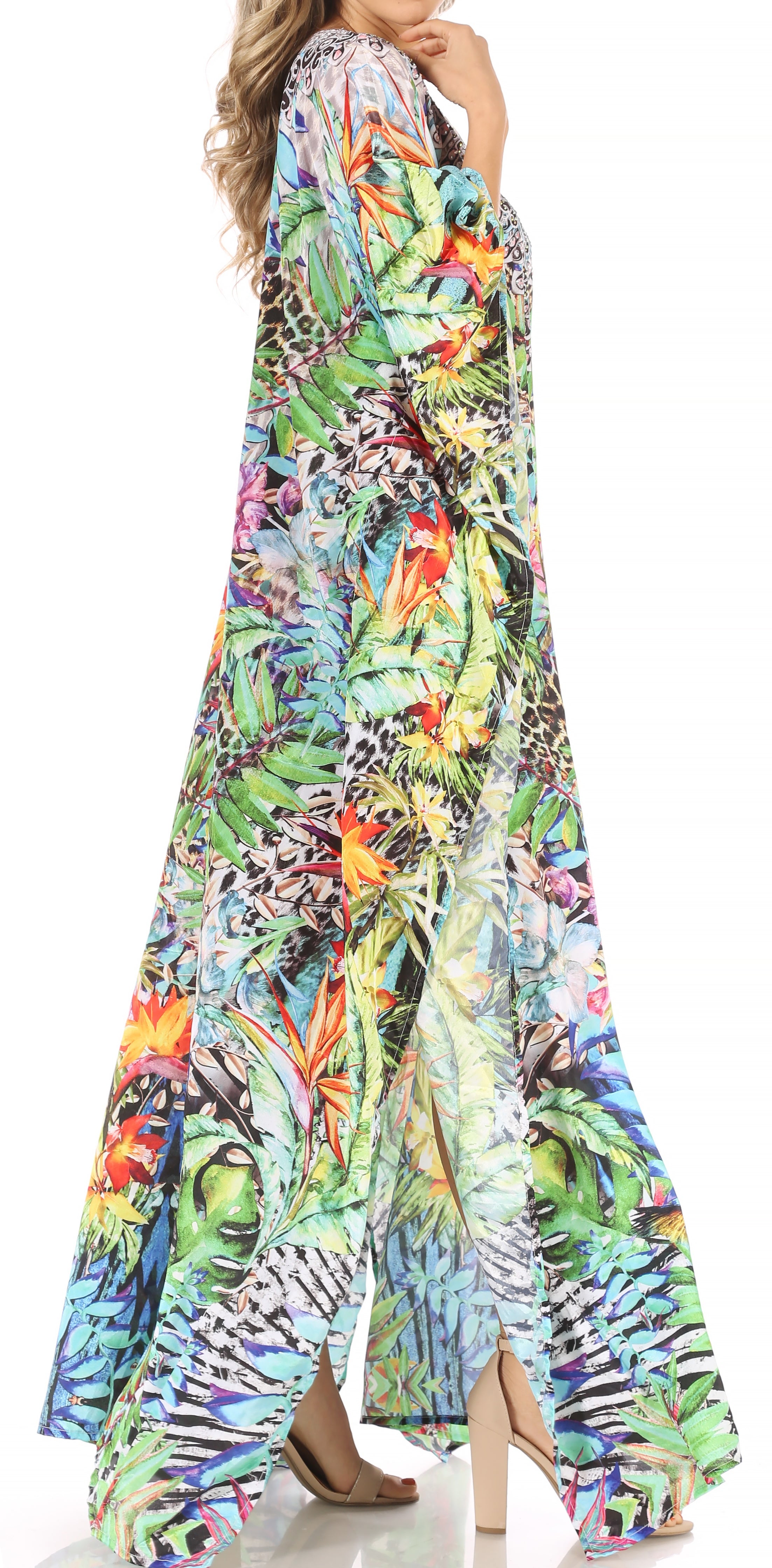 Sakkas Anahi Flowy Design V Neck Long Caftan Dress / Cover Up With Rhinestone
