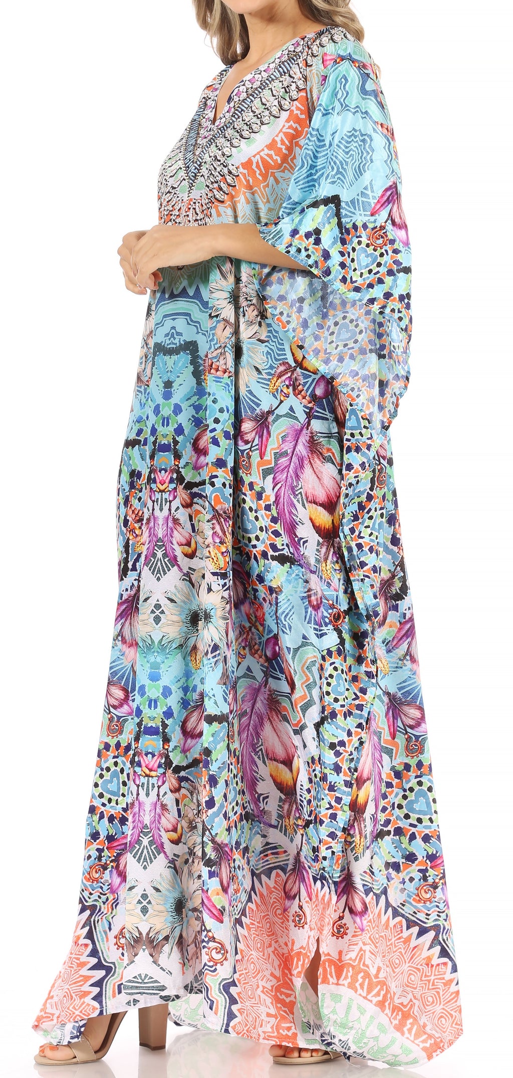 Sakkas Anahi Flowy Design V Neck Long Caftan Dress / Cover Up With Rhinestone