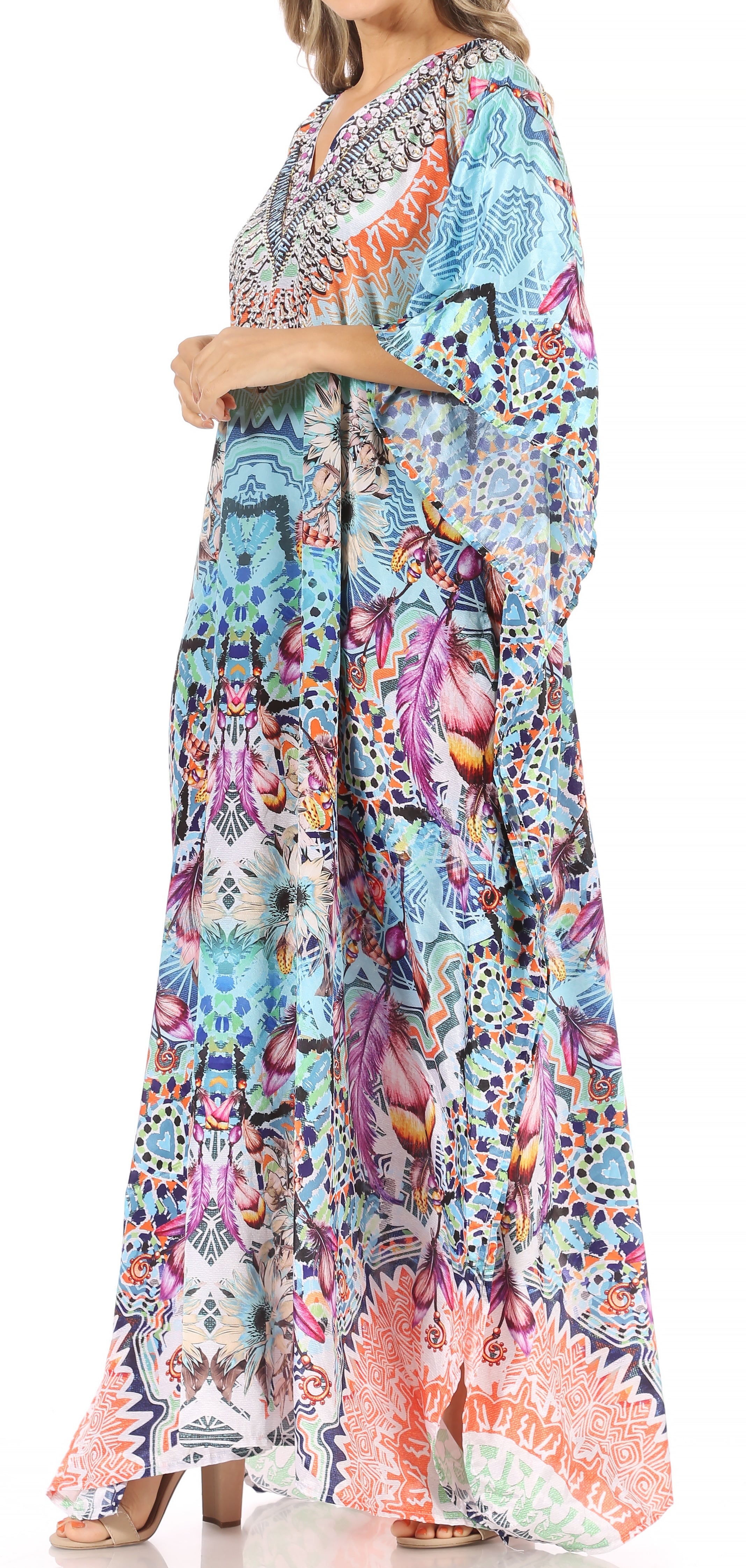 Sakkas Anahi Flowy Design V Neck Long Caftan Dress / Cover Up With Rhinestone