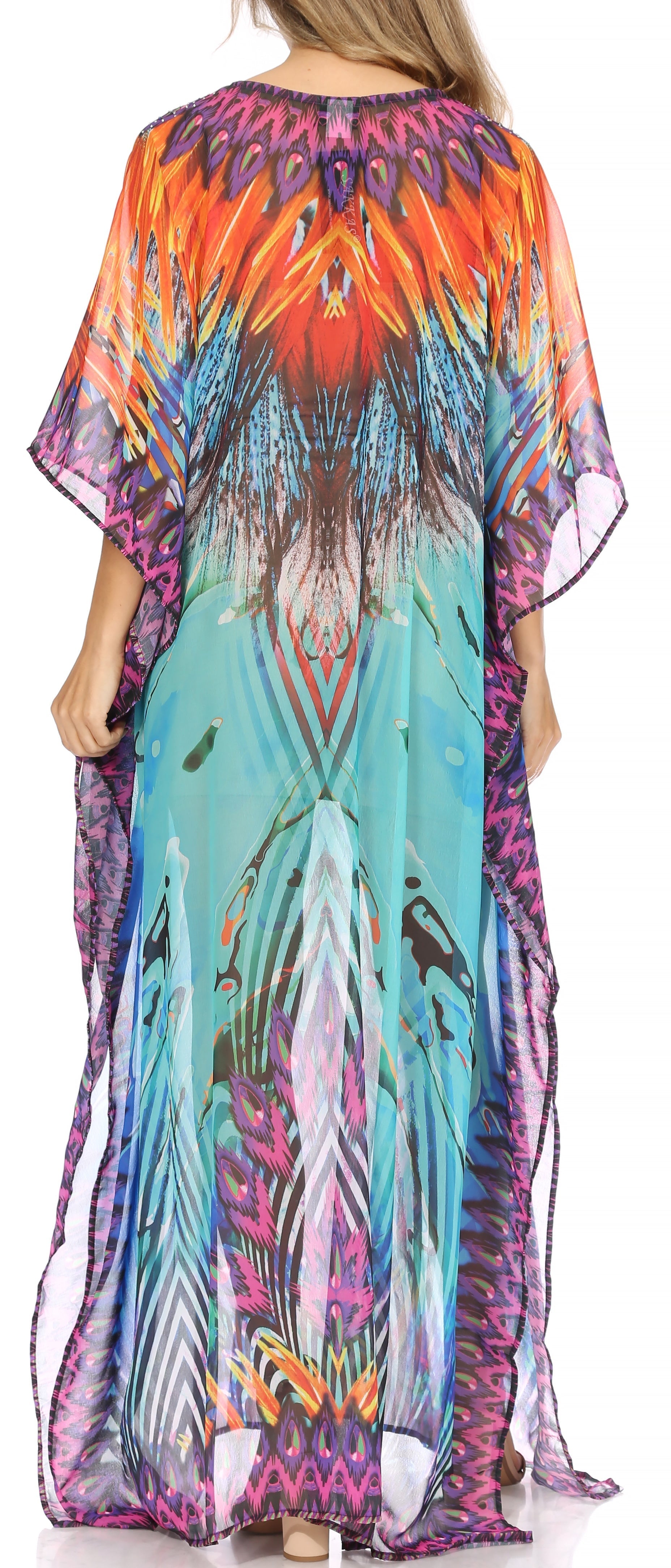 Sakkas Wilder Printed Design Long Sheer Rhinestone Caftan Dress / Cover Up