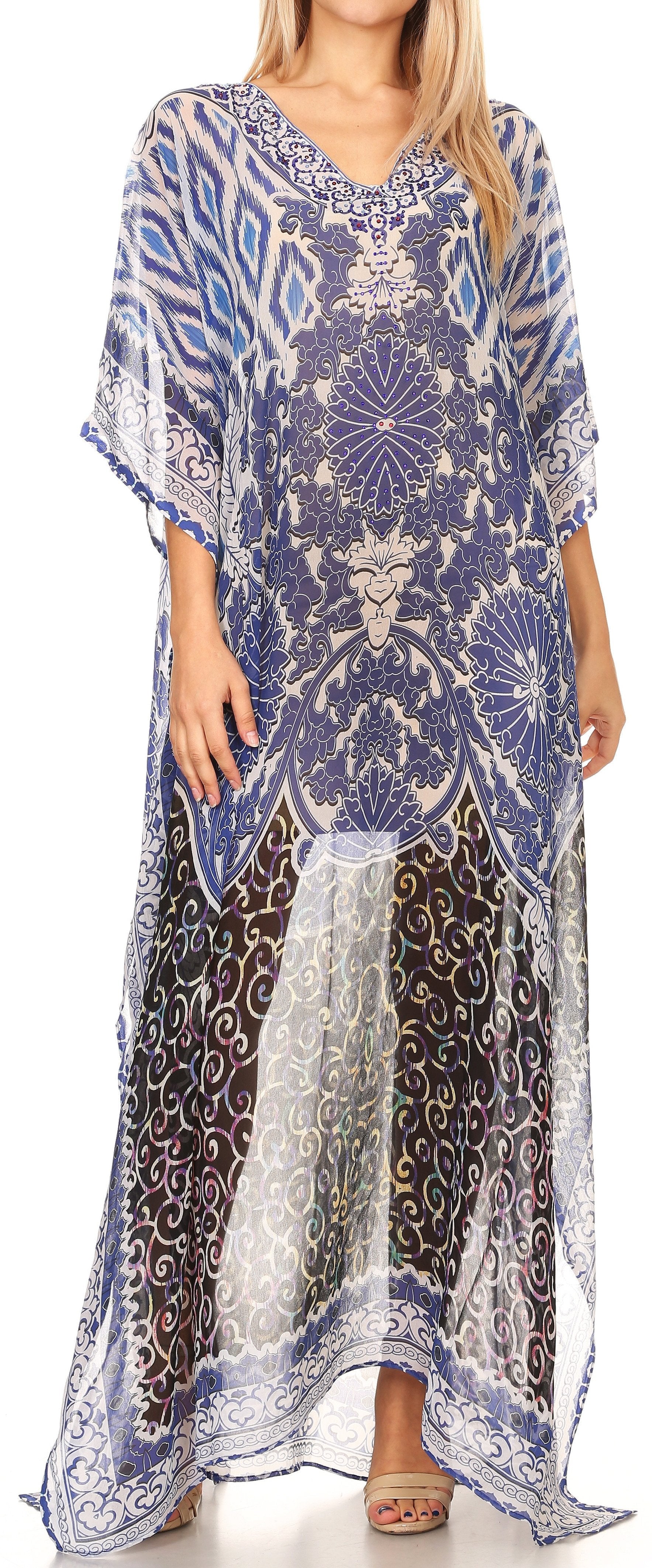 Sakkas Wilder Printed Design Long Sheer Rhinestone Caftan Dress / Cover Up