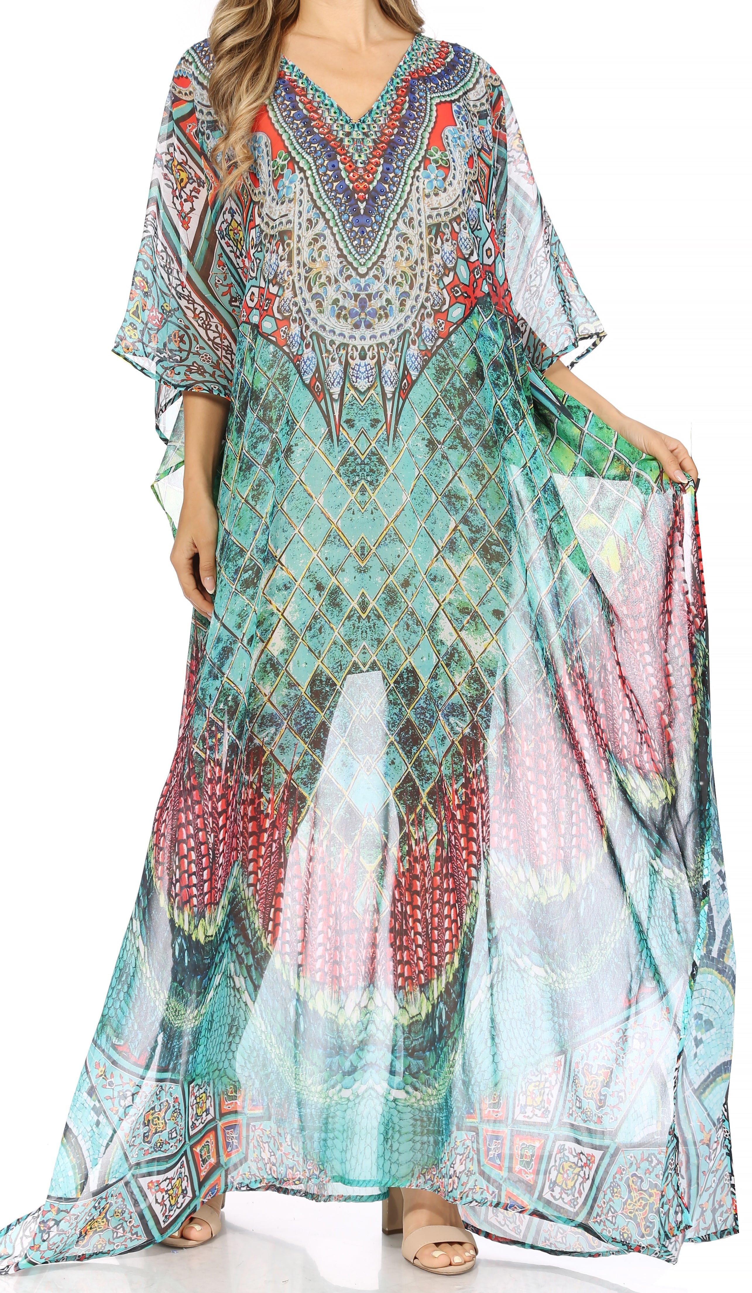 Sakkas Wilder Printed Design Long Sheer Rhinestone Caftan Dress / Cover Up