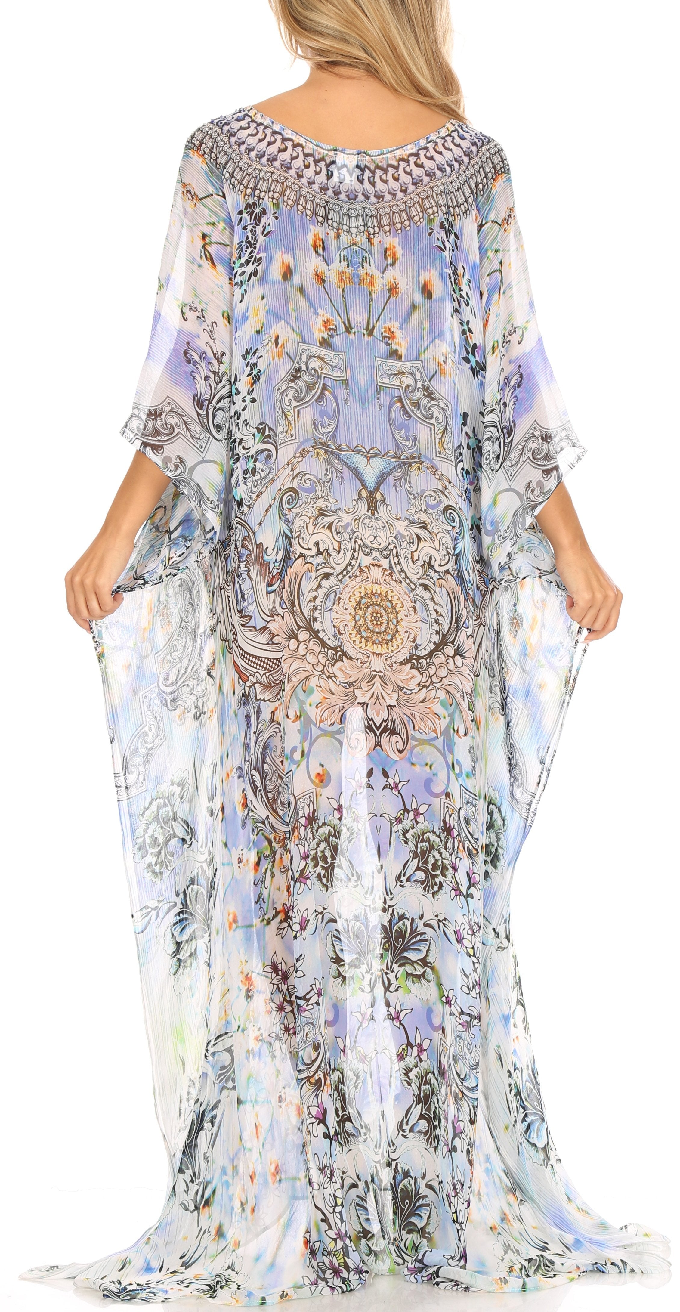 Sakkas Wilder Printed Design Long Sheer Rhinestone Caftan Dress / Cover Up