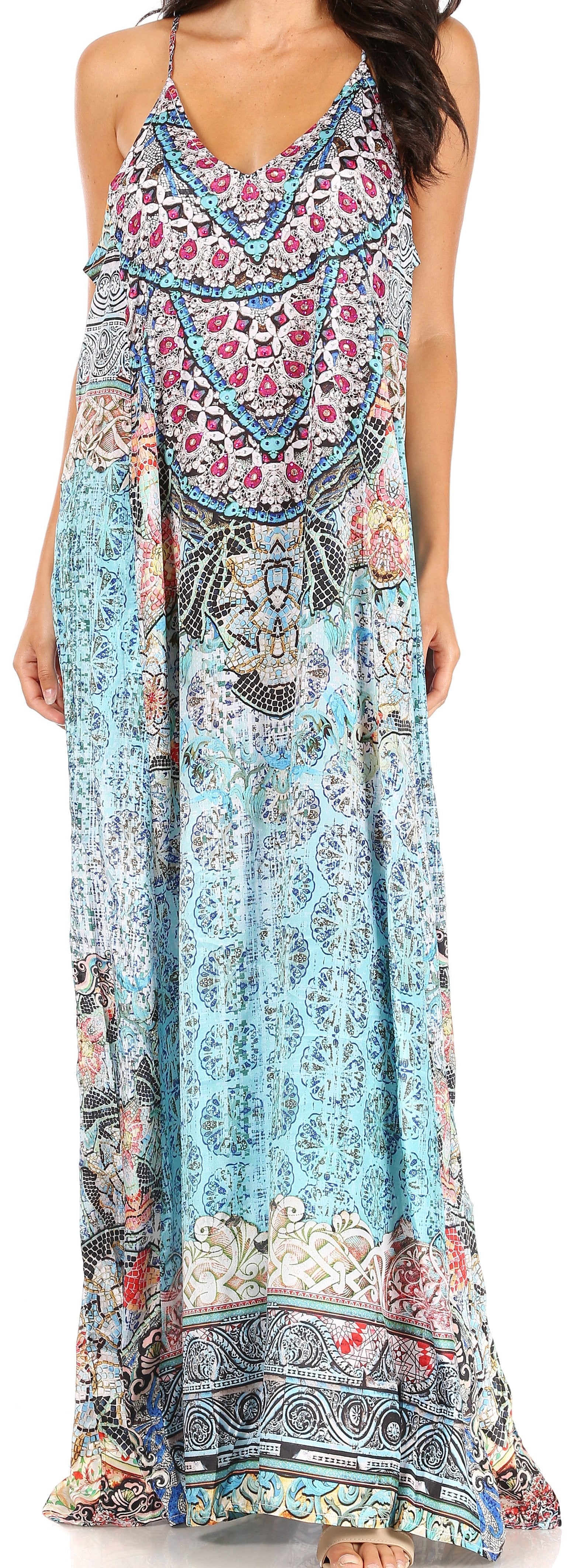 Sakkas Sofia Women's Spaghetti Strap V-neck Floral Print Summer Casual Maxi Dress