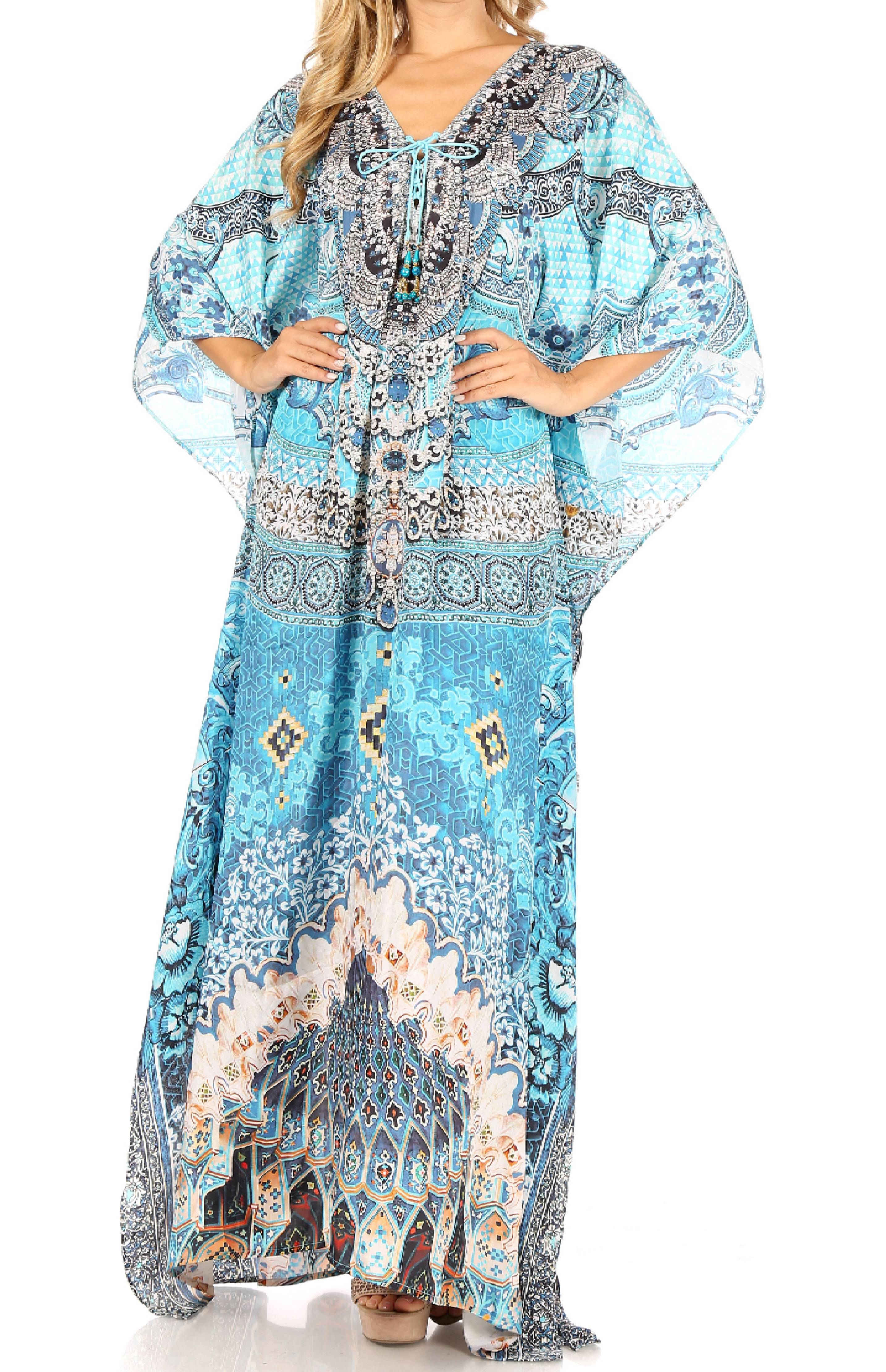 Sakkas Milanna Women's V neck Short Sleeve Vibrant Print Caftan Dress Cover-up