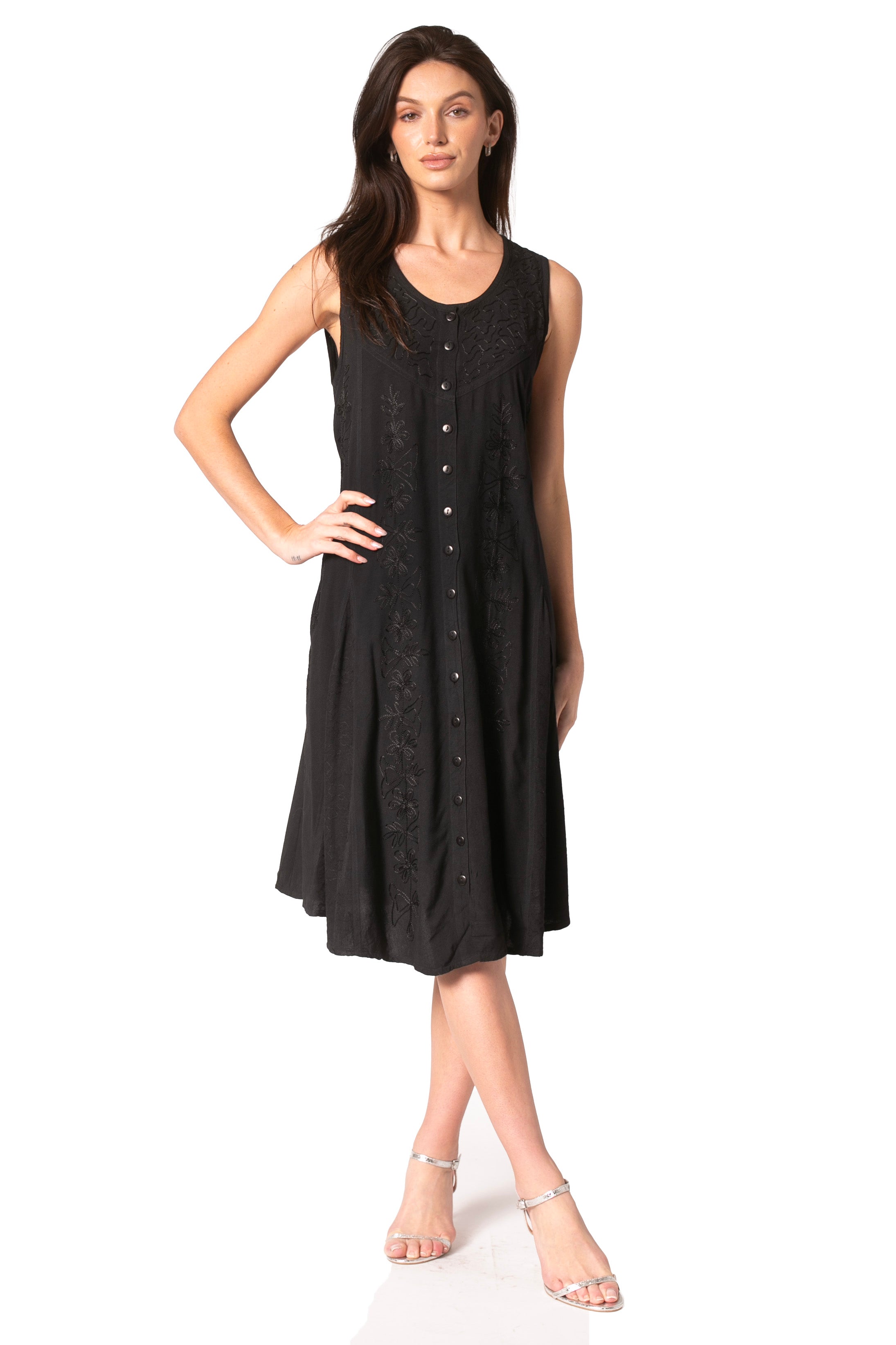 Sakkas Maya Midi Floral Embroidered Sleeveless Button Up Rayon Dress