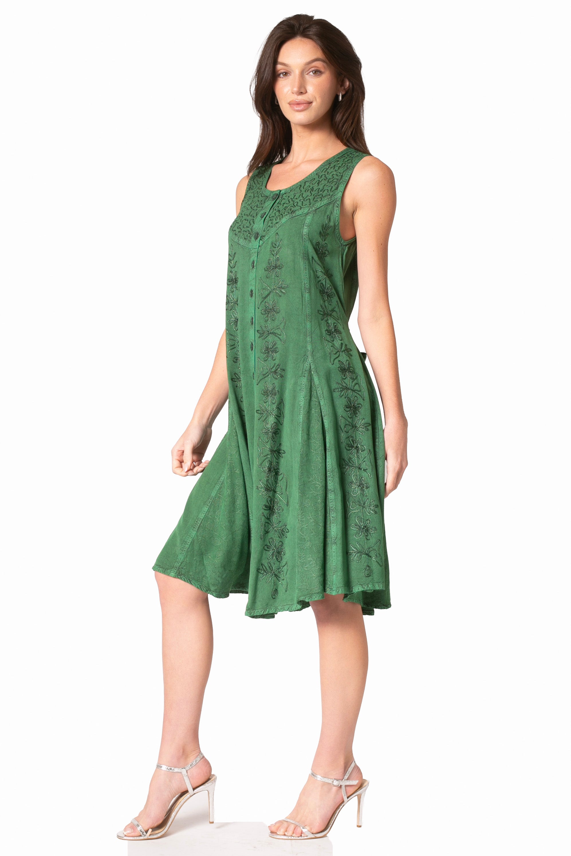 Sakkas Maya Midi Floral Embroidered Sleeveless Button Up Rayon Dress