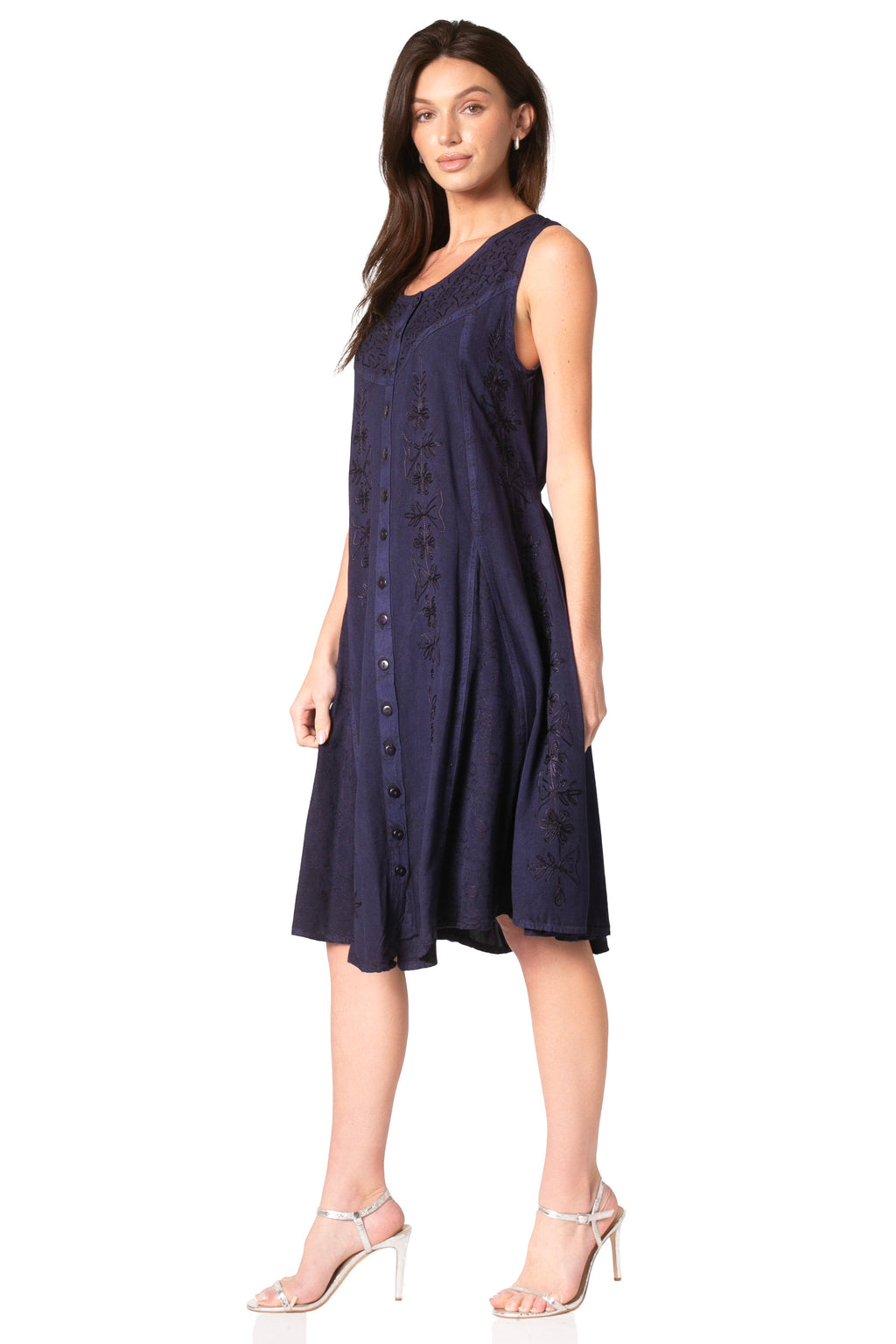 Sakkas Maya Midi Floral Embroidered Sleeveless Button Up Rayon Dress