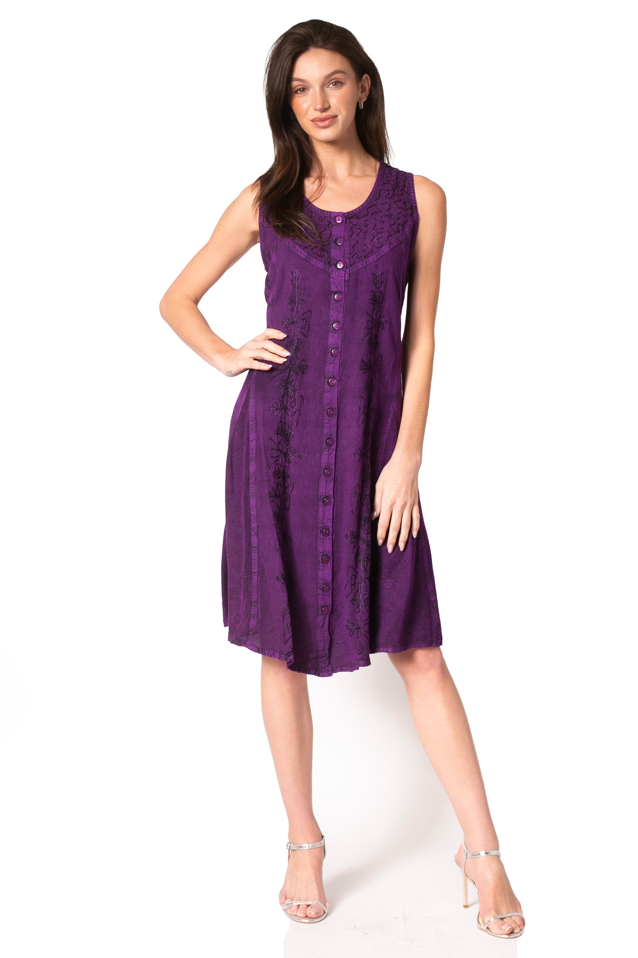 Sakkas Maya Midi Floral Embroidered Sleeveless Button Up Rayon Dress