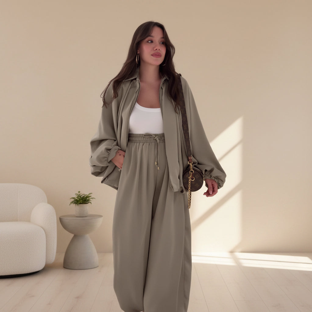 Flip Collar Long Sleeve Jacket & Pants Two-Piece Set
