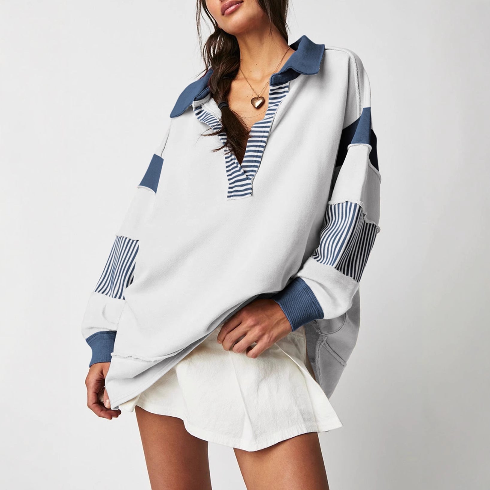 Stripe Color Block Deep V-Neck Loose Sweatshirt Top – Long Sleeve