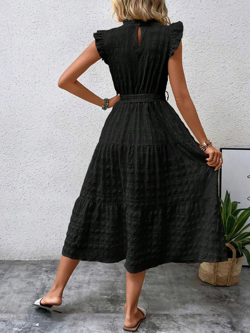 Tied Ruffled Cap Sleeve Midi Dress – Feminine Flowy Style