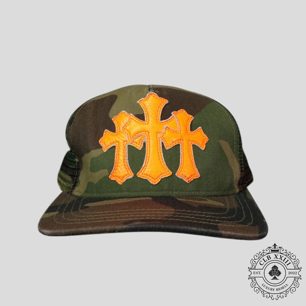 Chrome Hearts Leather Triple Cross Trucker Hat in Camo/Orange
