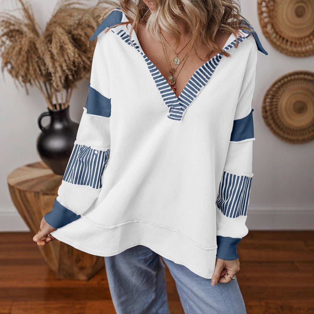 Stripe Color Block Deep V-Neck Loose Sweatshirt Top – Long Sleeve