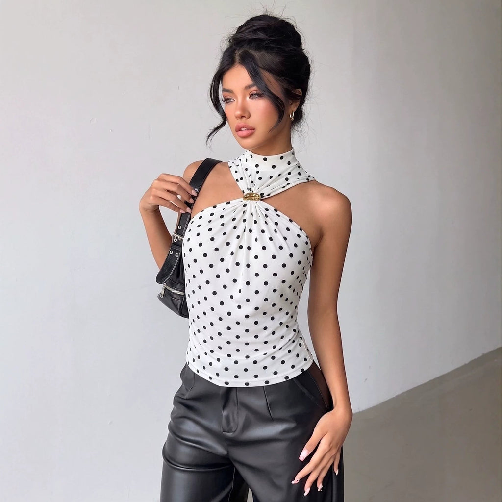 Polka Dot Halterneck Sleeveless Crop Top – Metal Ring Cross-Front Fitted