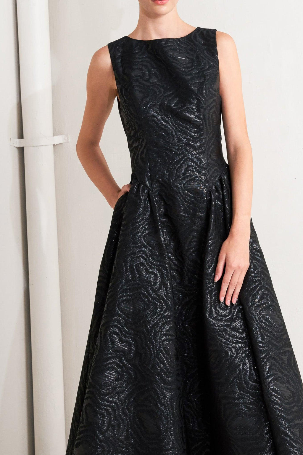 CHECK YOURSELF BLACK WOVEN MIDI DRESS