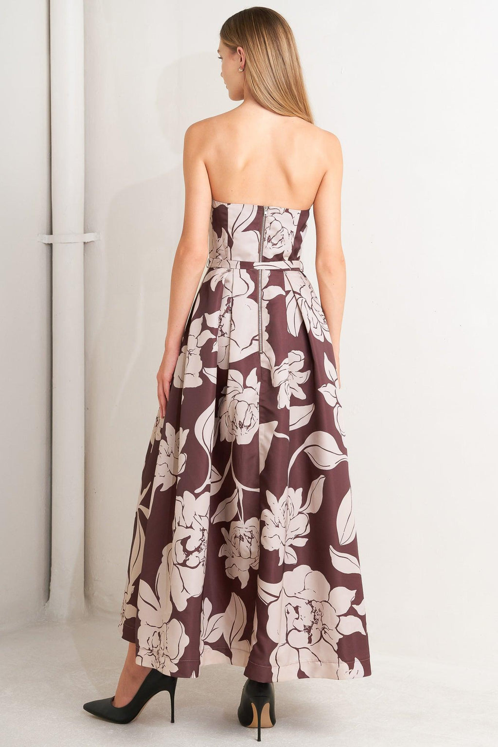 VINTAGE BLOOM STRAPLESS WOVEN MIDI DRESS
